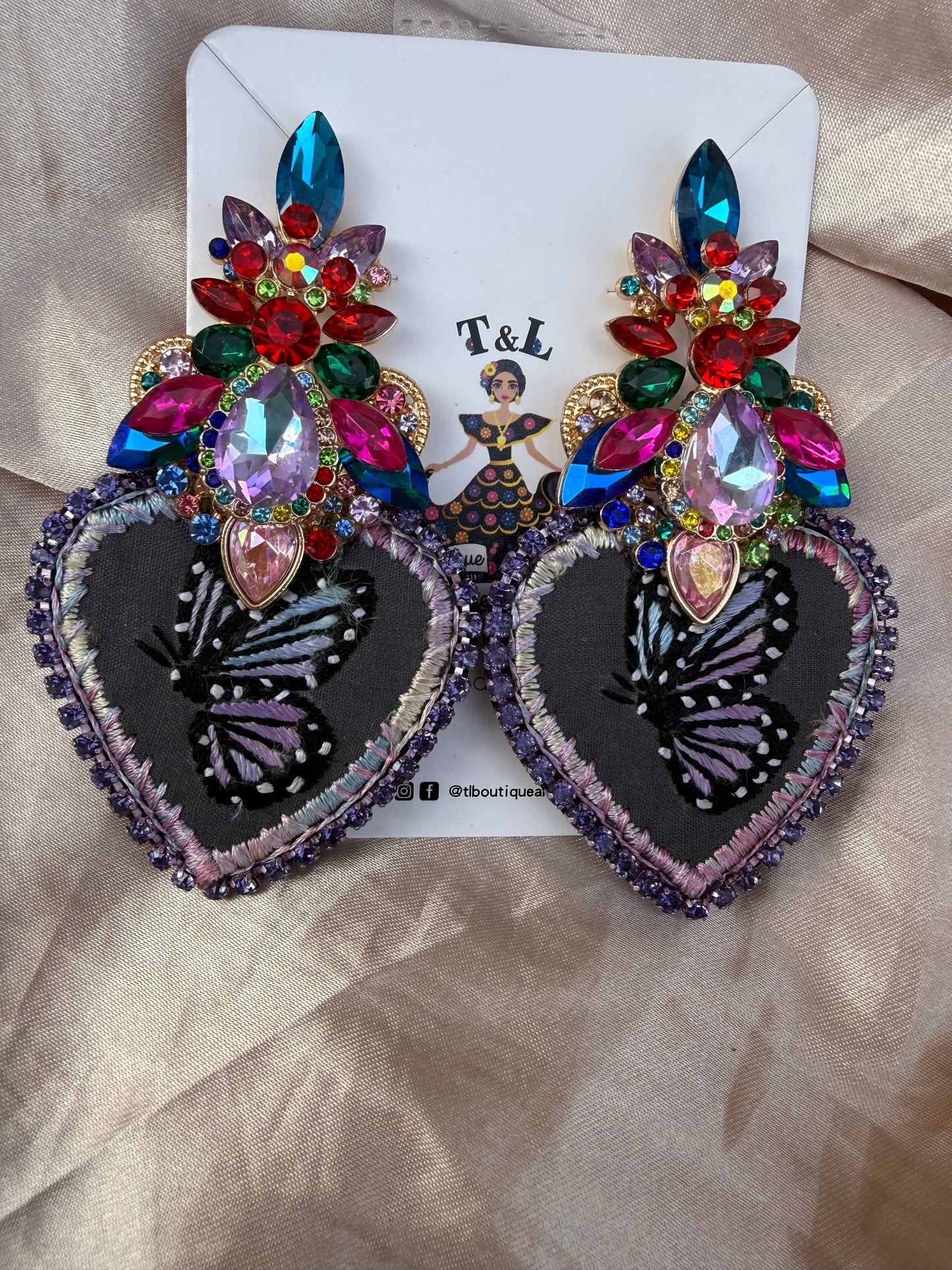 Hand Embroidered Butterfly Heart Earrings – Unique Lightweight Statement Jewelry, Handmade Floral & Crystal Designs