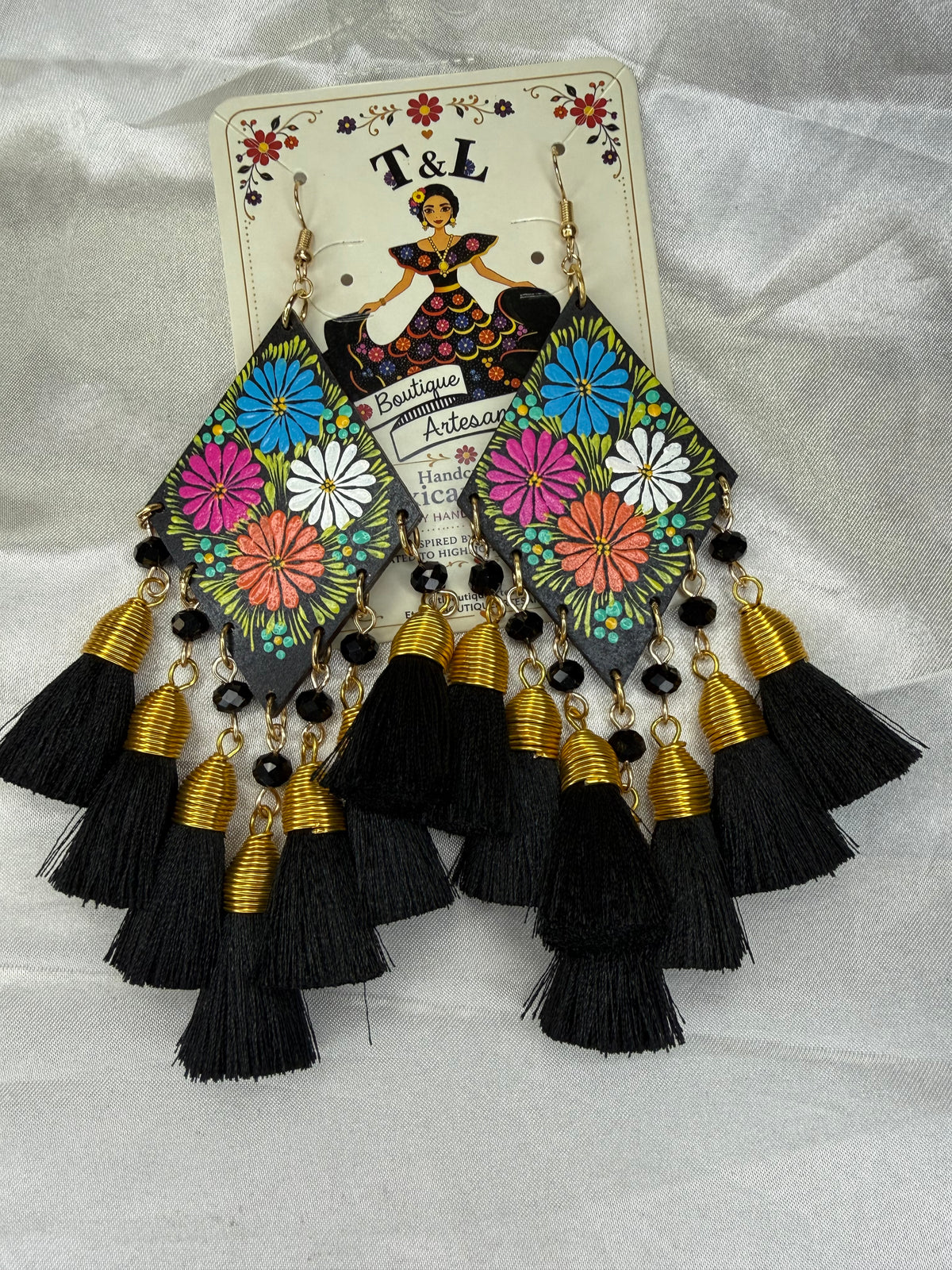 Hand Painted Mexican Earrings, Floral Wood Tassel Earrings, Colorful Statement Earrings, Handmade Lightweight Folk Art Jewelry