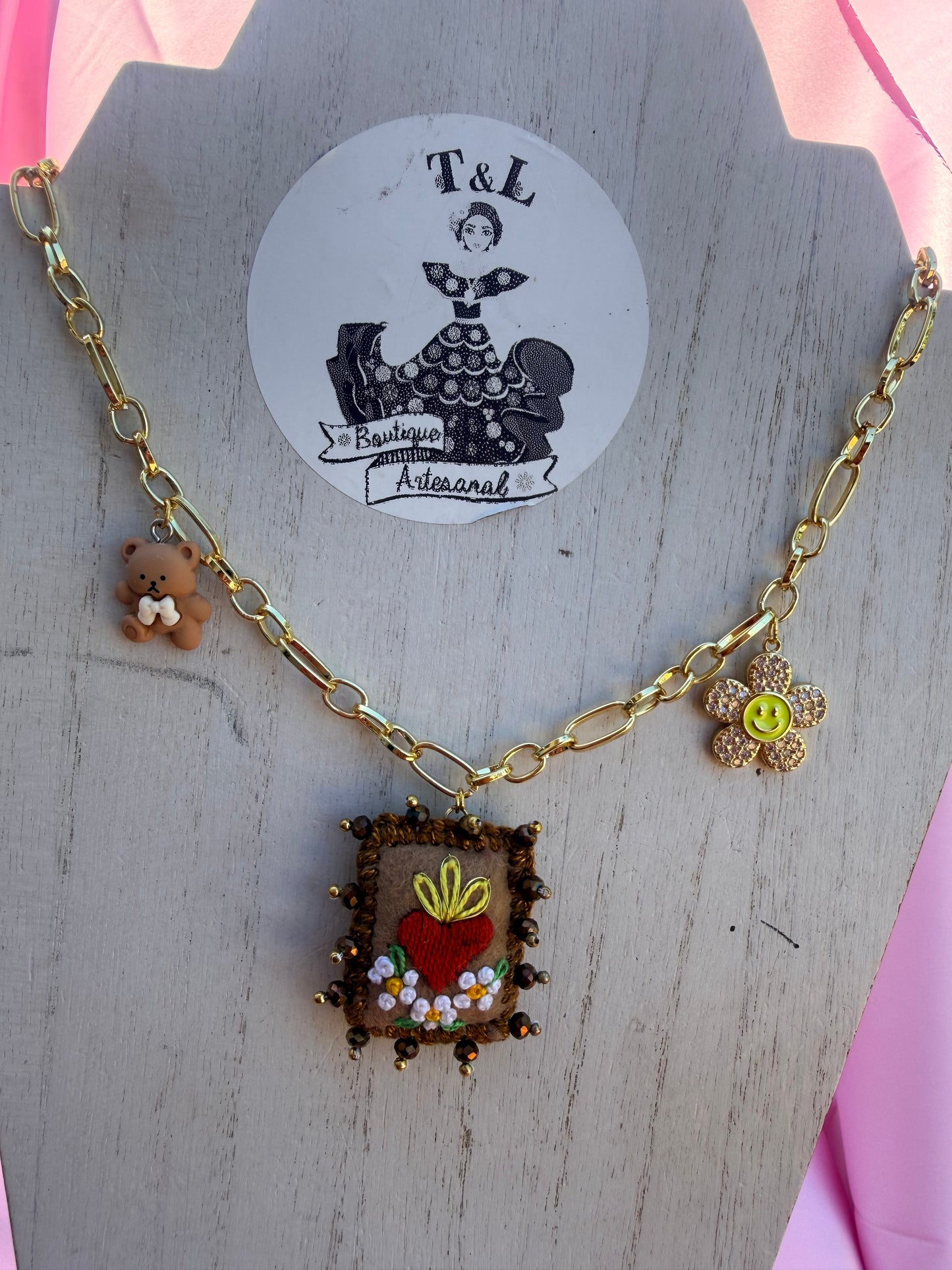 Hand Embroidered Milagrito Necklace & Bracelet | Gold Plated Chain | Sacred Heart Charm | Mexican Folk Art Jewelry | Handmade Gift