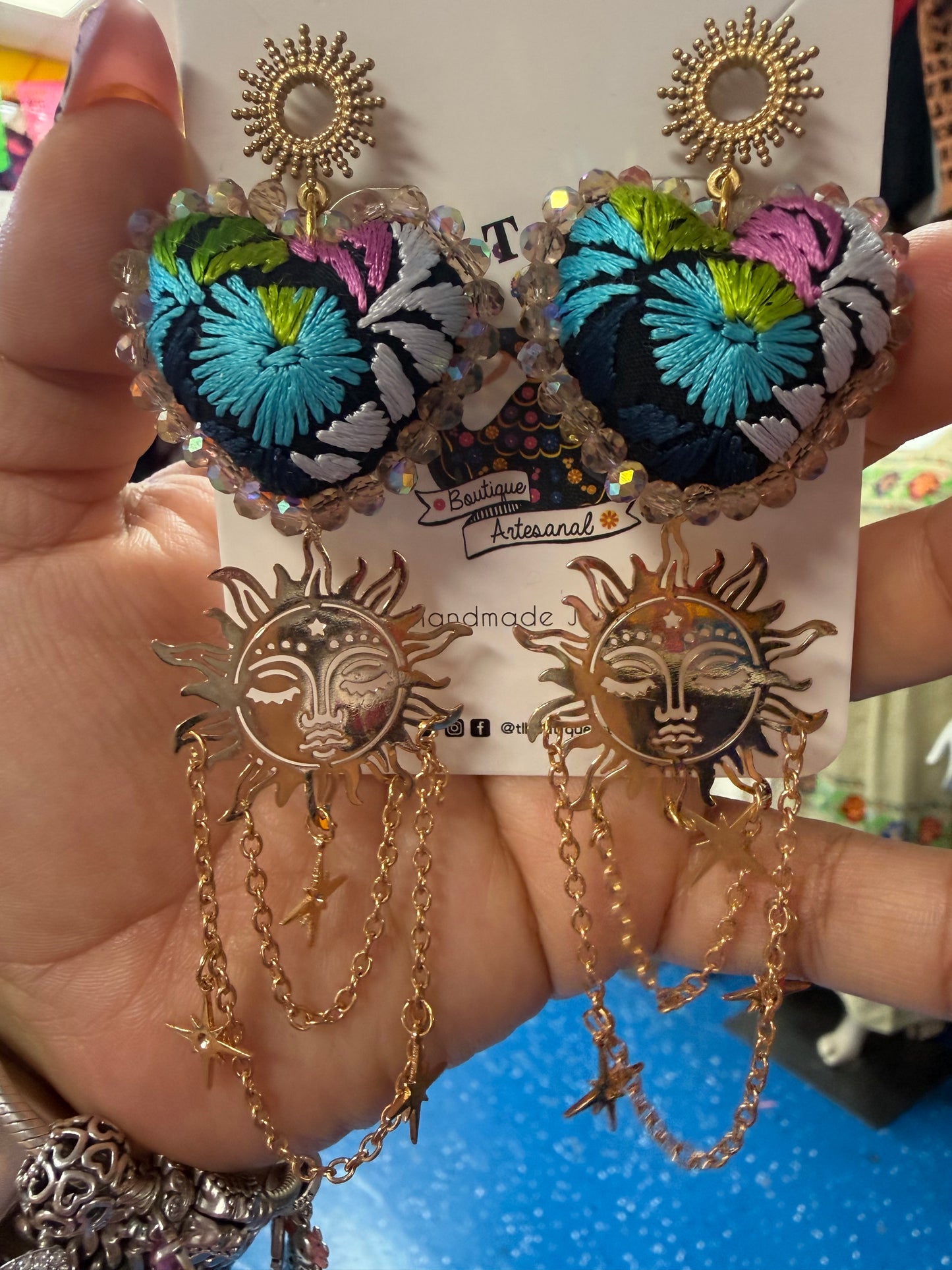 Hand Embroidered Heart Sun Earrings | Mexican Artisan Statement Earrings | Lightweight Boho Jewelry | Handmade in Mexico