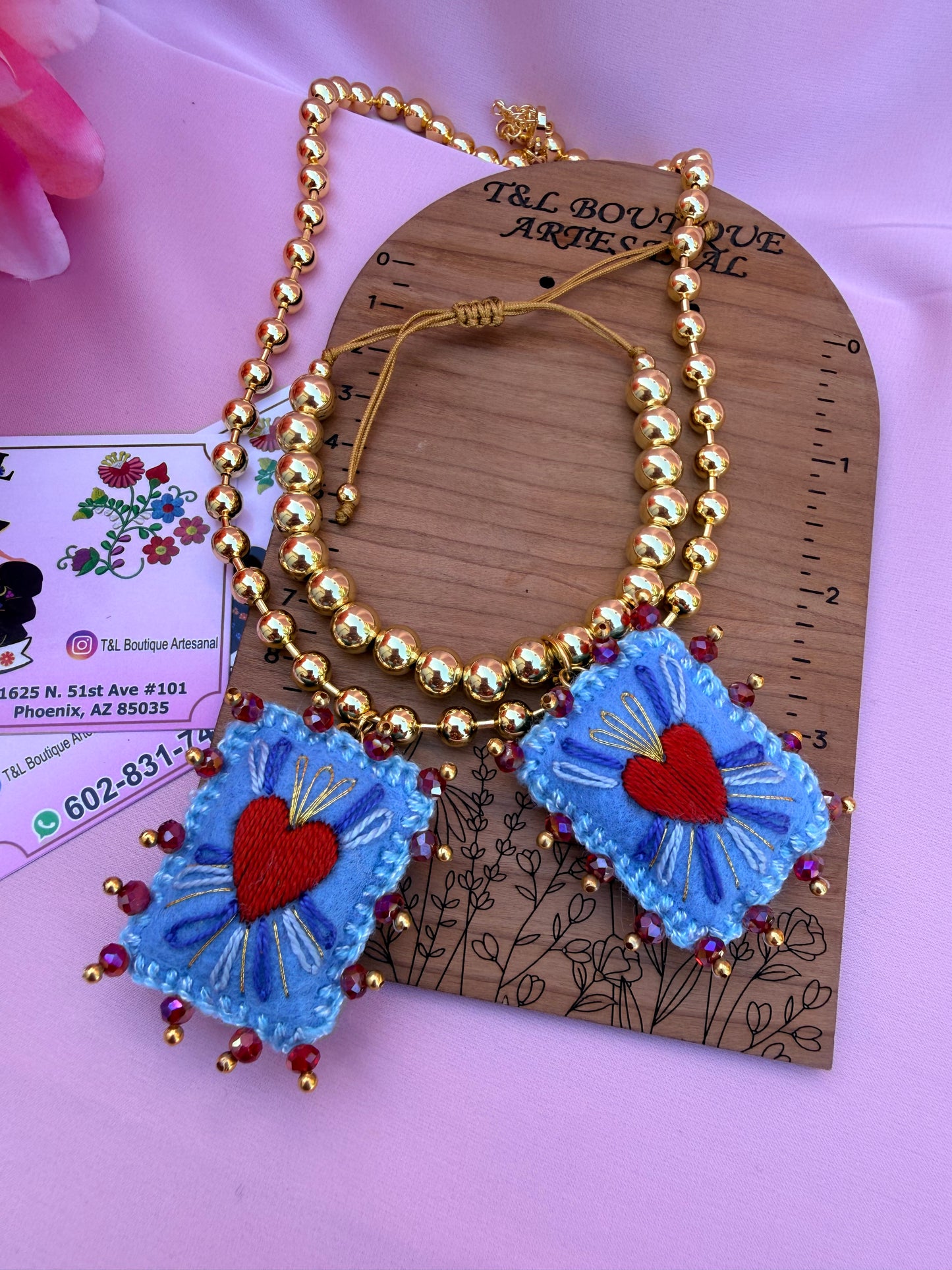 Hand Embroidered Sacred Heart Necklace & Bracelet Set, Mexican Folk Art Jewelry, Gold Plated Beaded Chain, Milagrito Jewelry,  azul bb