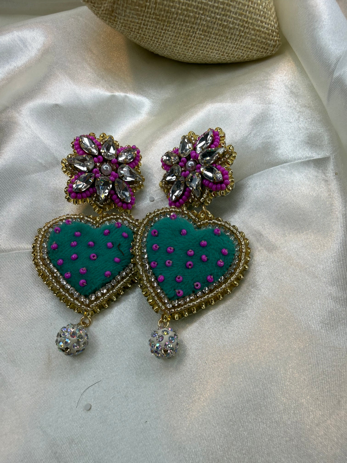 Handmade Mexican Heart Earrings, Blue Velvet Heart Earrings, Beaded Crystal Statement Earrings, Embroidered Jewelry, Lightweight Earrings