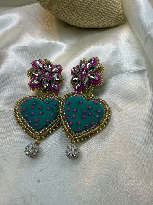 Handmade Mexican Heart Earrings, Blue Velvet Heart Earrings, Beaded Crystal Statement Earrings, Embroidered Jewelry, Lightweight Earrings