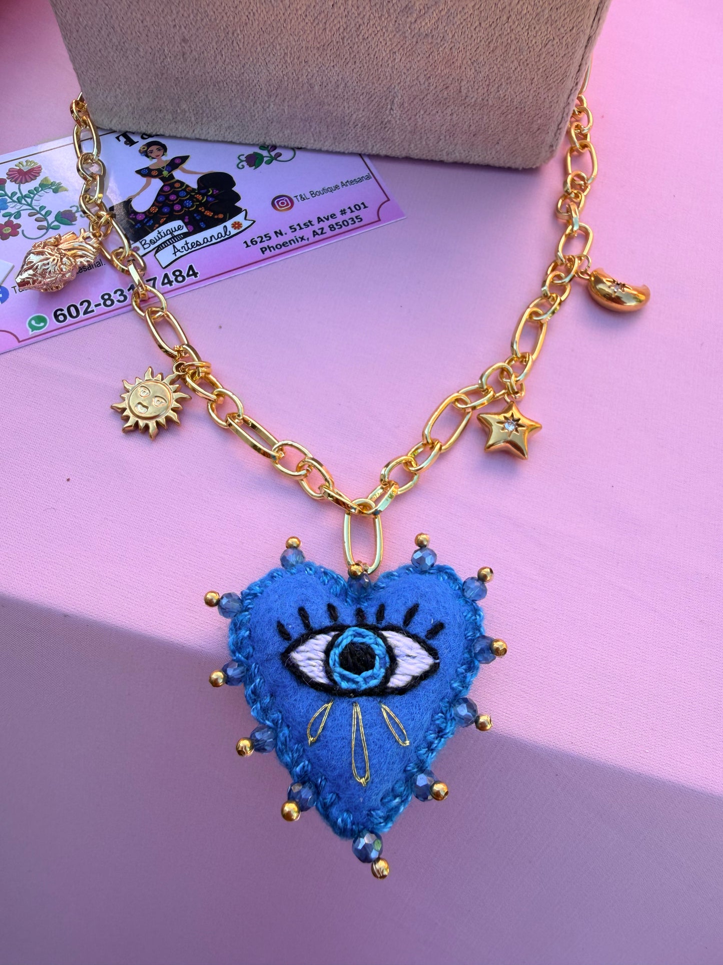 Hand Embroidered Evil Eye Heart Necklace | Gold Plated Charm Necklace | Mexican Artisan Jewelry | Blue Heart Pendant | Boho Gift for Her