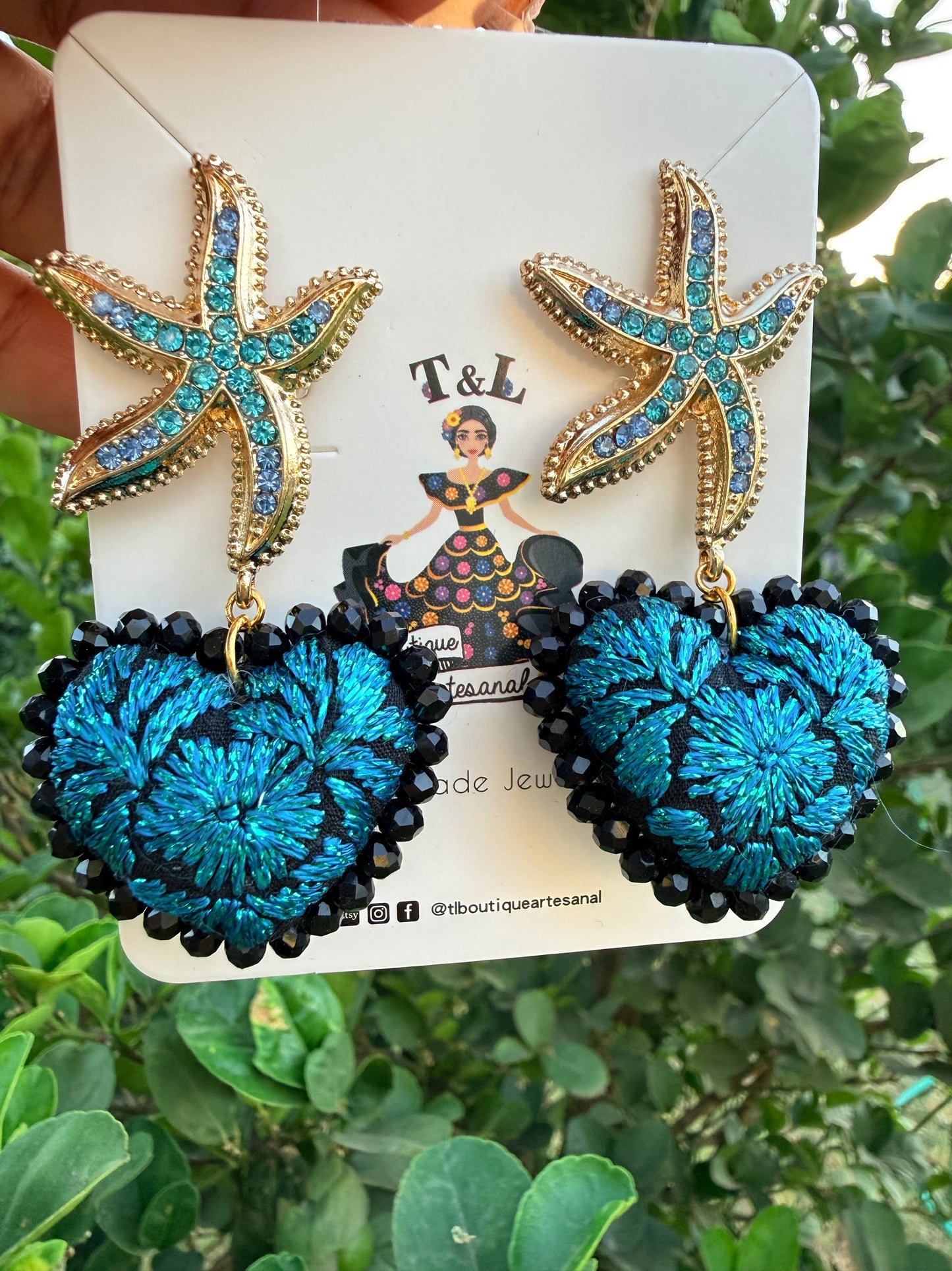 Corazon bordado/azul/estrella de mar