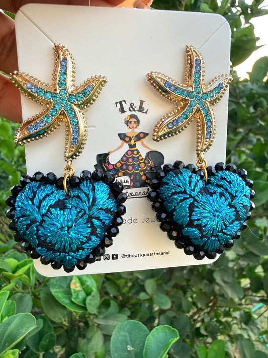 Corazon bordado/azul/estrella de mar