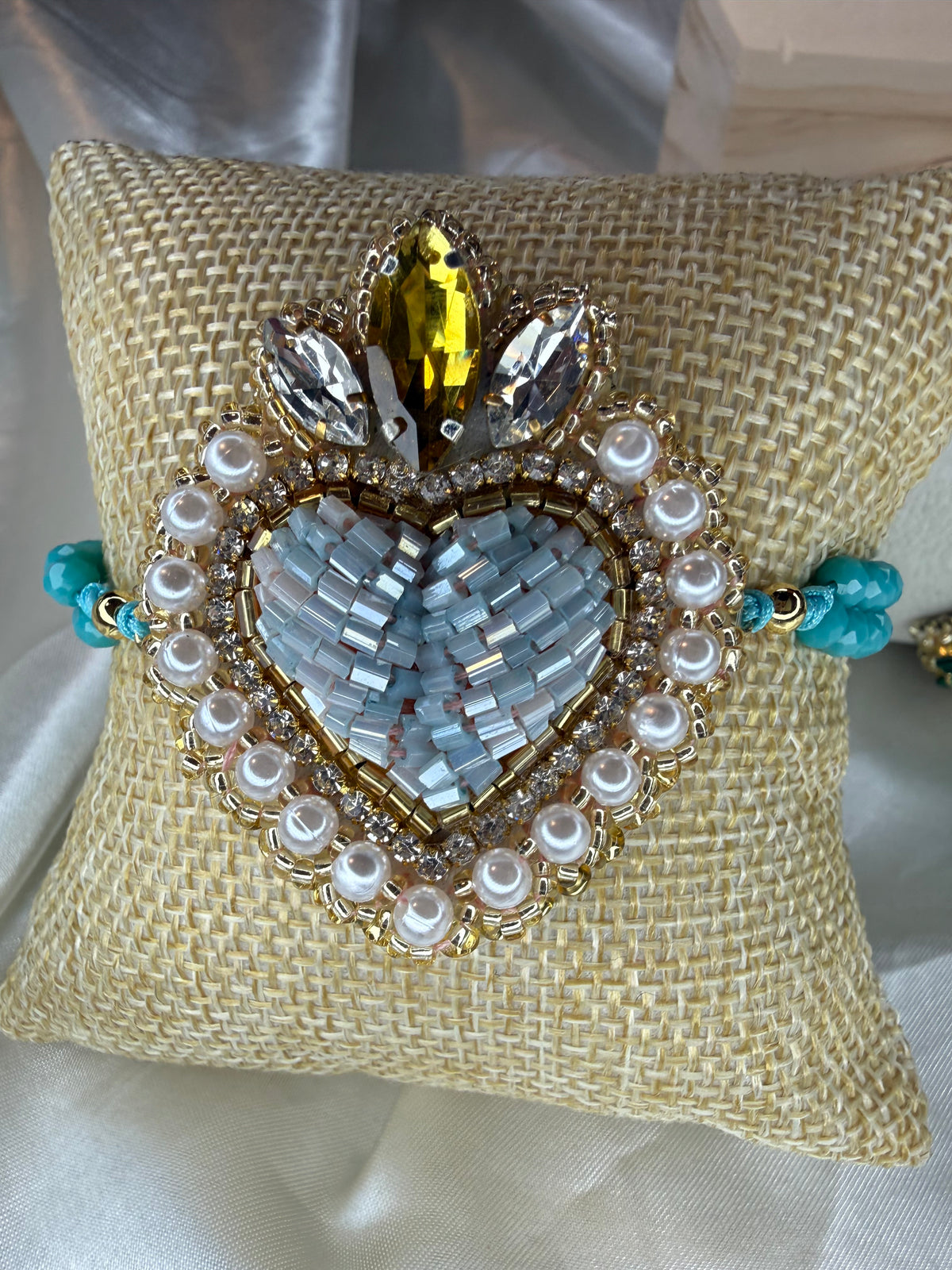 Handmade Sacred Heart Bracelet, Adjustable Beaded Bracelet, Miyuki Crystal & Pearl Embroidered Jewelry, Mexican Inspired Gift