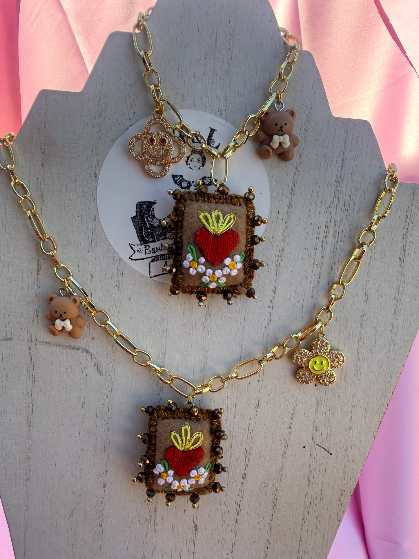 Hand Embroidered Milagrito Necklace & Bracelet | Gold Plated Chain | Sacred Heart Charm | Mexican Folk Art Jewelry | Handmade Gift
