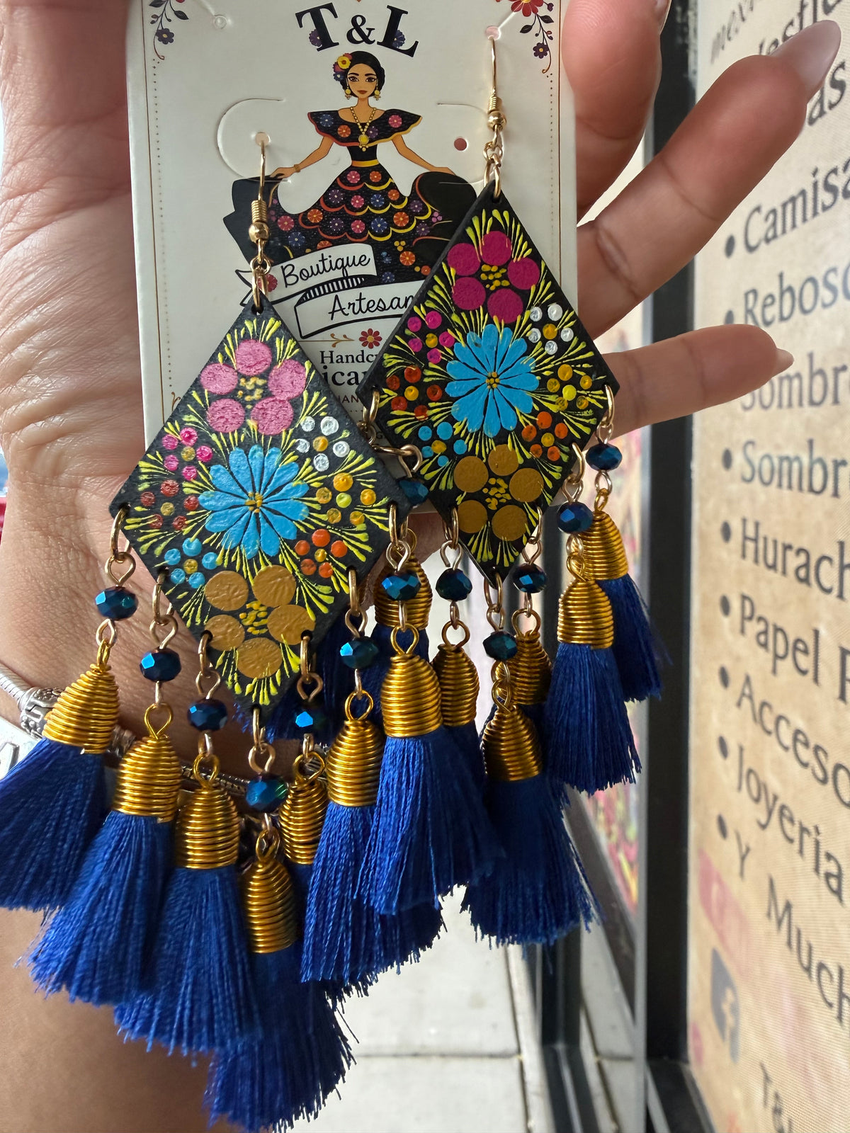 Hand Painted Mexican Earrings, Floral Wood Tassel Earrings, Colorful Statement Earrings, Handmade Lightweight Folk Art Jewelry
