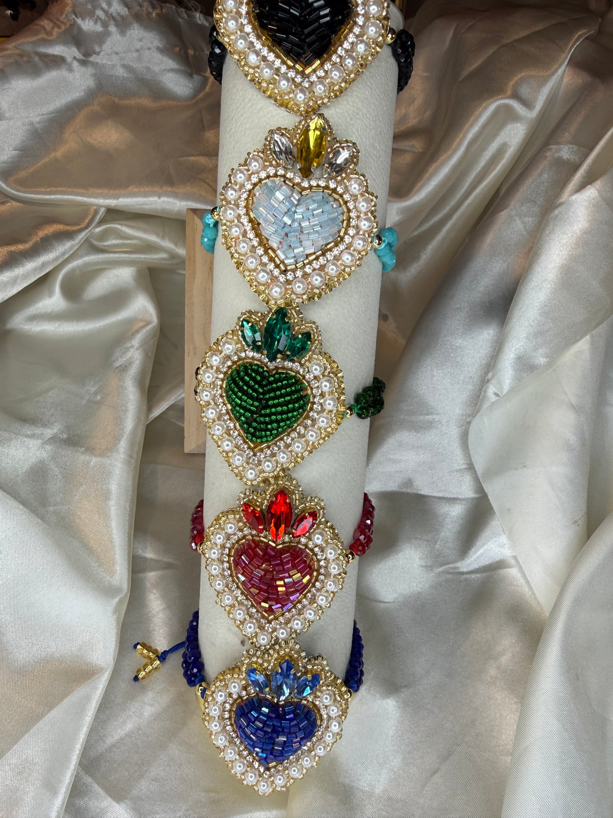 Handmade Sacred Heart Bracelet, Adjustable Beaded Bracelet, Miyuki Crystal & Pearl Embroidered Jewelry, Mexican Inspired Gift
