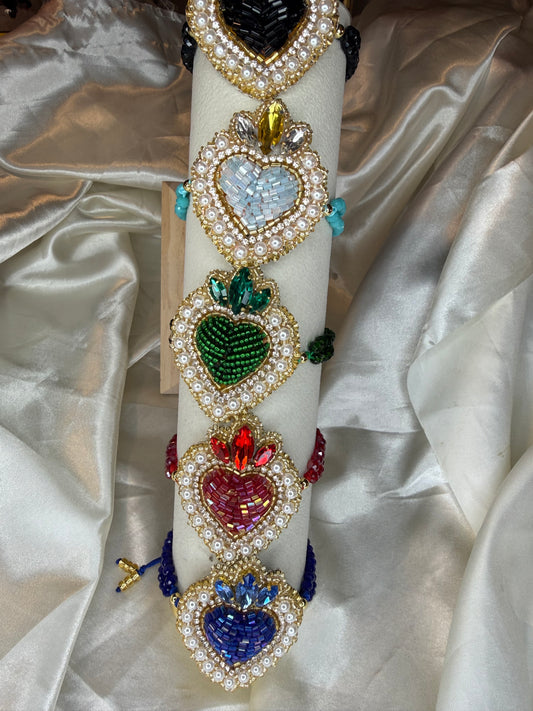 Handmade Sacred Heart Bracelet, Adjustable Beaded Bracelet, Miyuki Crystal & Pearl Embroidered Jewelry, Mexican Inspired Gift