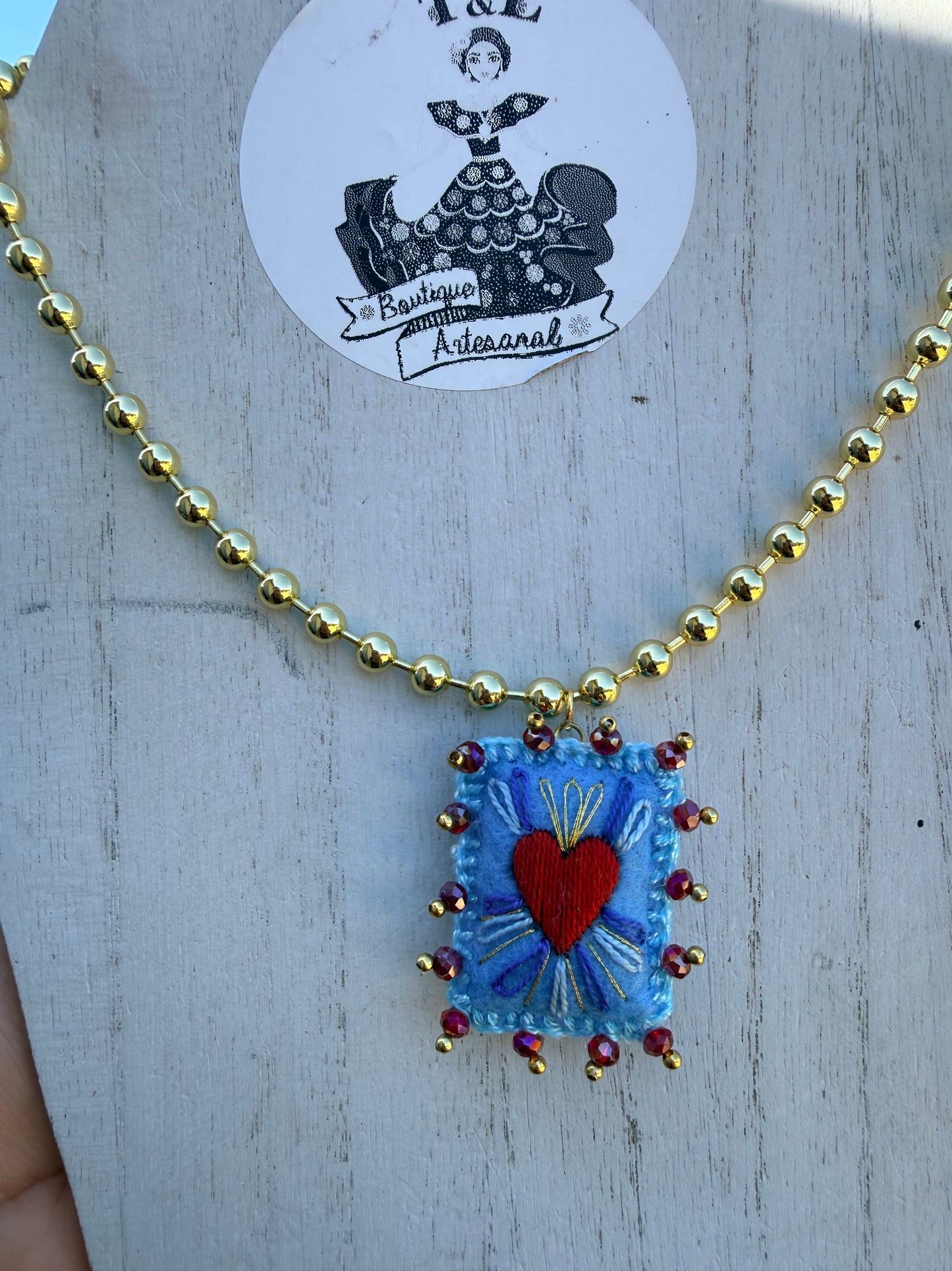 Hand Embroidered Sacred Heart Necklace & Bracelet Set, Mexican Folk Art Jewelry, Gold Plated Beaded Chain, Milagrito Jewelry,  azul bb