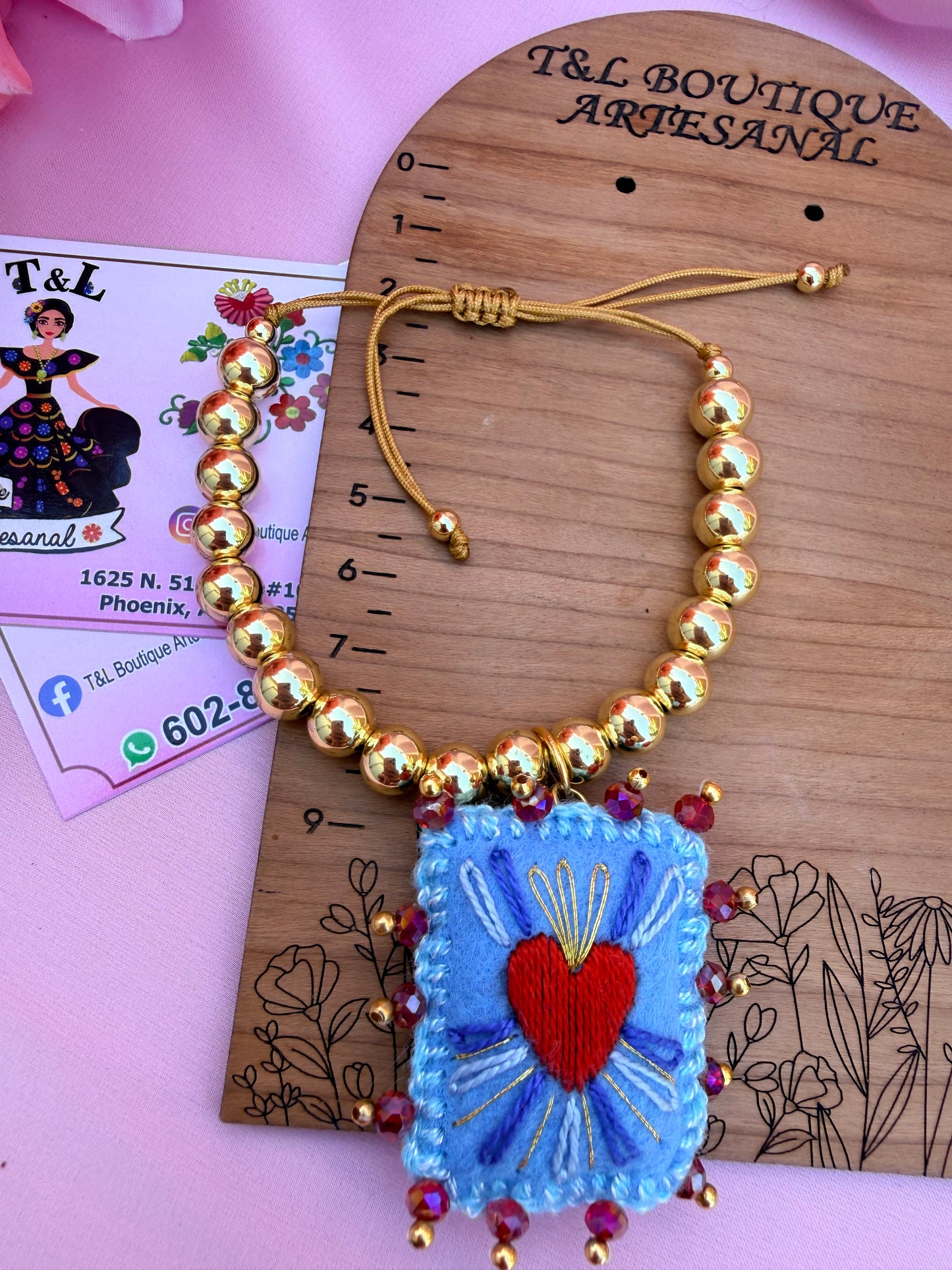 Hand Embroidered Sacred Heart Necklace & Bracelet Set, Mexican Folk Art Jewelry, Gold Plated Beaded Chain, Milagrito Jewelry,  azul bb