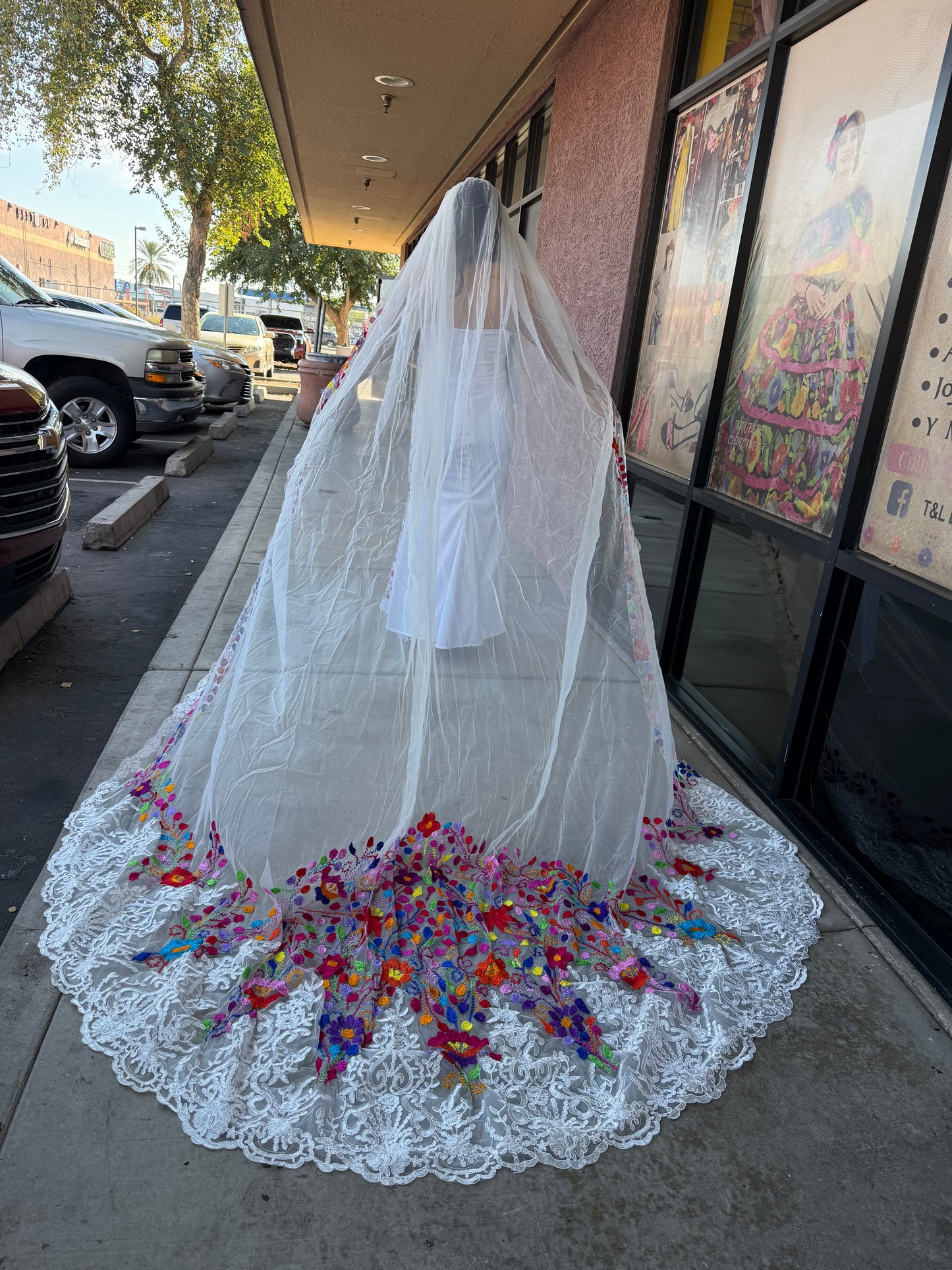 3.5 Meter Hand Embroidered Wedding Veil | Long Bridal Tulle Veil with Mexican Floral Embroidery | Handmade Bridal Veil