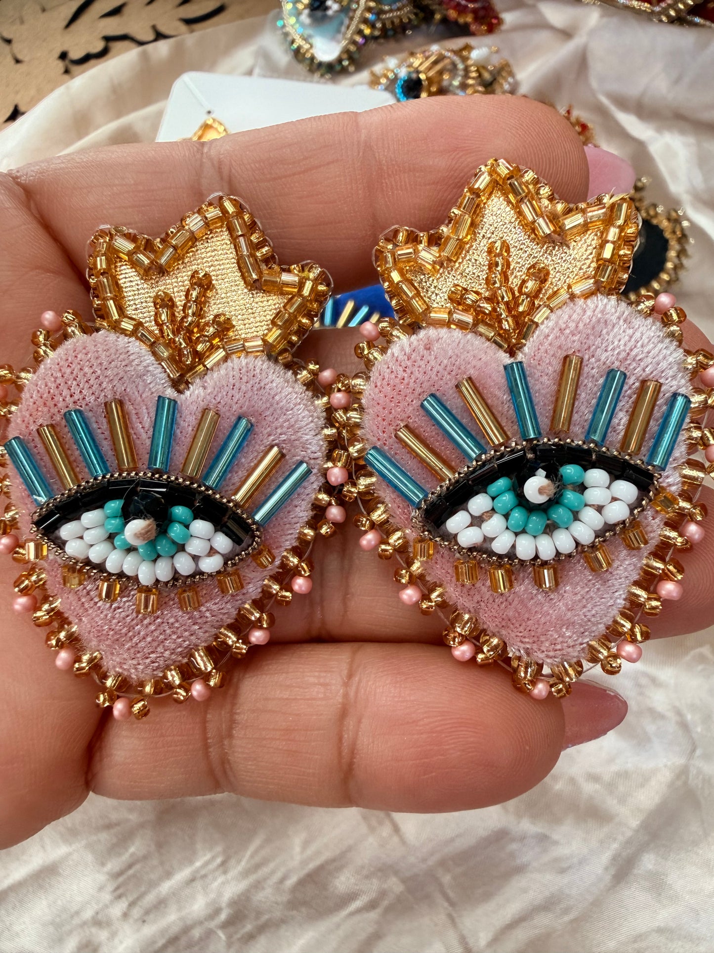 Handmade Huichol Inspired Crystal Heart Earrings | Velvet Sacred Heart Stud Earrings | Wixarika Beaded Jewelry | Mexican Artisan Earrings