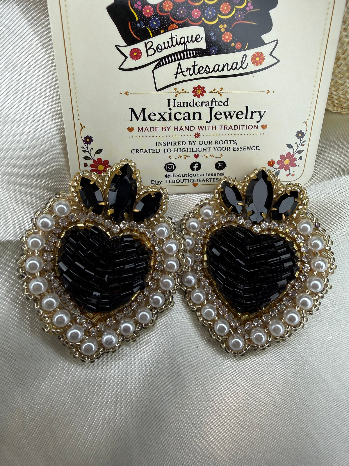 Sacred Heart Earrings, Handmade Beaded Heart Earrings, Crystal Pearl Miyuki Earrings, Mexican Statement Jewelry, Stud Earrings