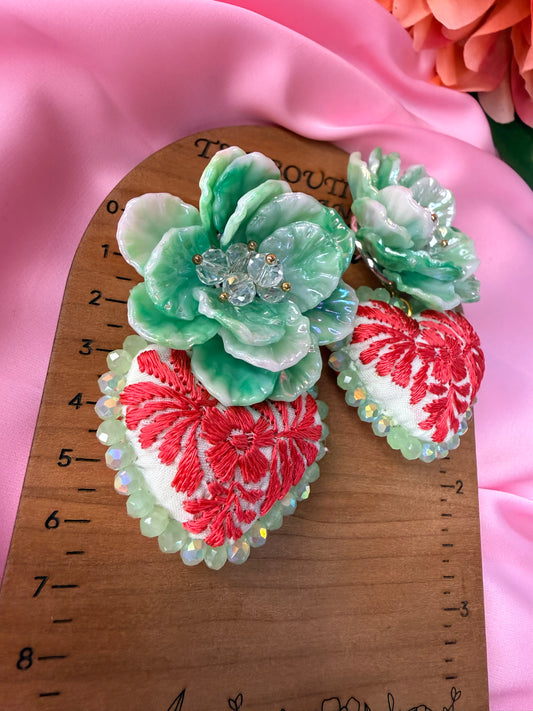 Hand-Embroidered Heart Flower Earrings – Mexican Handmade Statement Jewelry