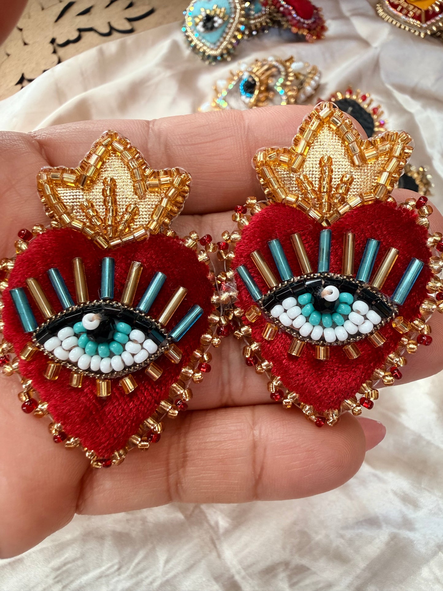Handmade Huichol Inspired Crystal Heart Earrings | Velvet Sacred Heart Stud Earrings | Wixarika Beaded Jewelry | Mexican Artisan Earrings