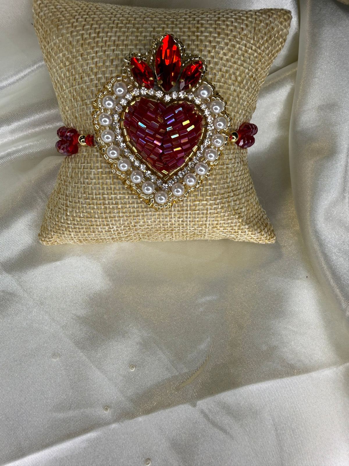 Handmade Sacred Heart Bracelet, Adjustable Beaded Bracelet, Miyuki Crystal & Pearl Embroidered Jewelry, Mexican Inspired Gift