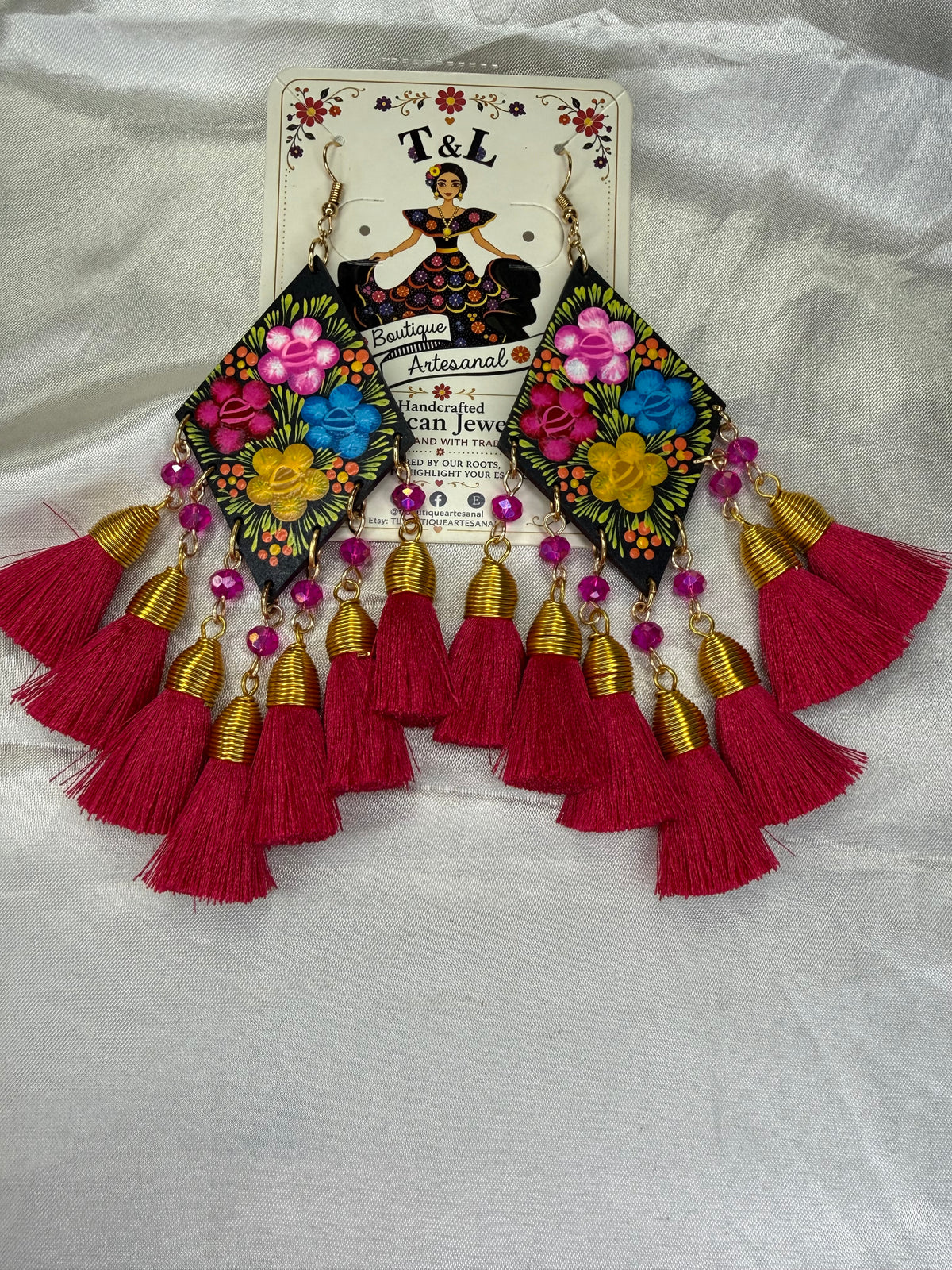 Hand Painted Mexican Earrings, Floral Wood Tassel Earrings, Colorful Statement Earrings, Handmade Lightweight Folk Art Jewelry