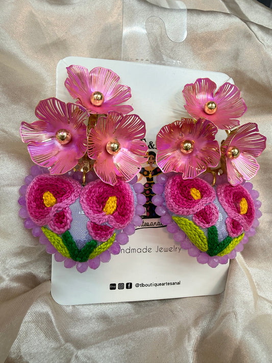 Hand Embroidered Mexican Flower Earrings – Istmo de Tehuantepec Artisan Jewelry, Oaxaca Handmade Statement Earrings, Lightweight Floral Earrings /itsmeño