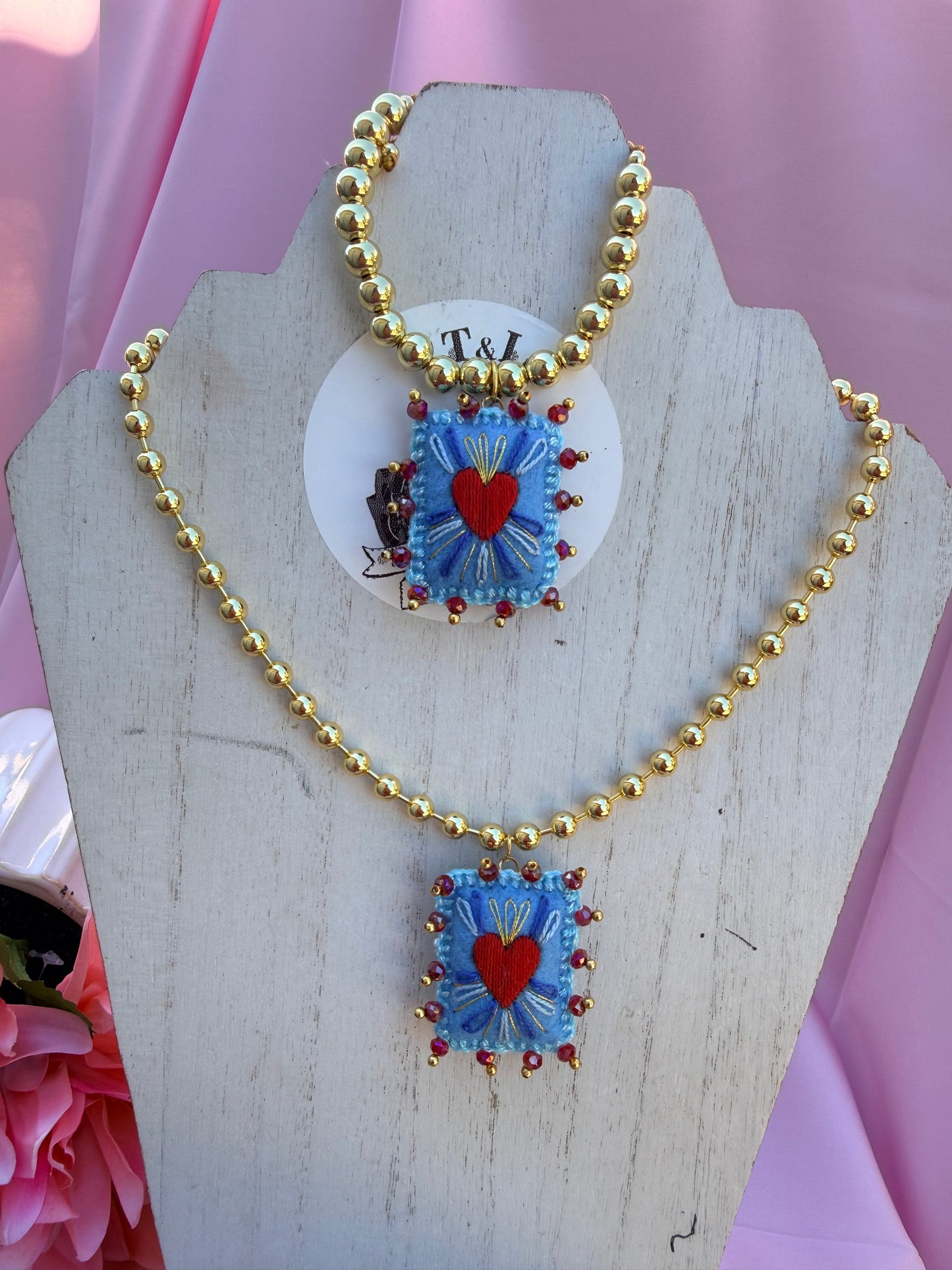 Hand Embroidered Sacred Heart Necklace & Bracelet Set, Mexican Folk Art Jewelry, Gold Plated Beaded Chain, Milagrito Jewelry,  azul bb