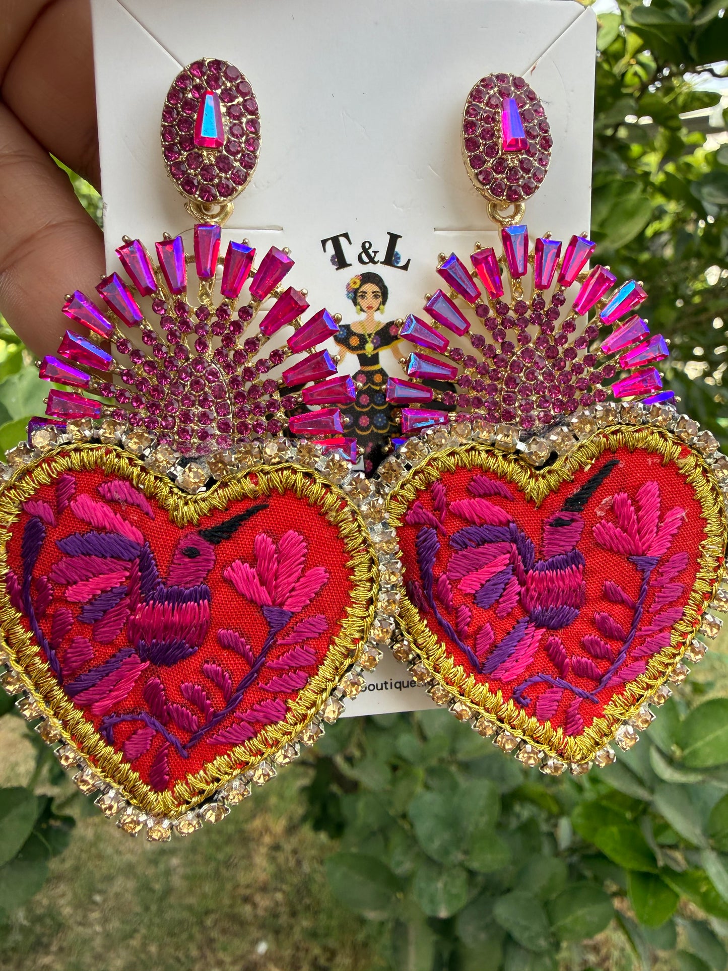 Hand Embroidered Hummingbird Earrings – Colorful Heart Statement Jewelry, Lightweight Artisan Handmade Gift