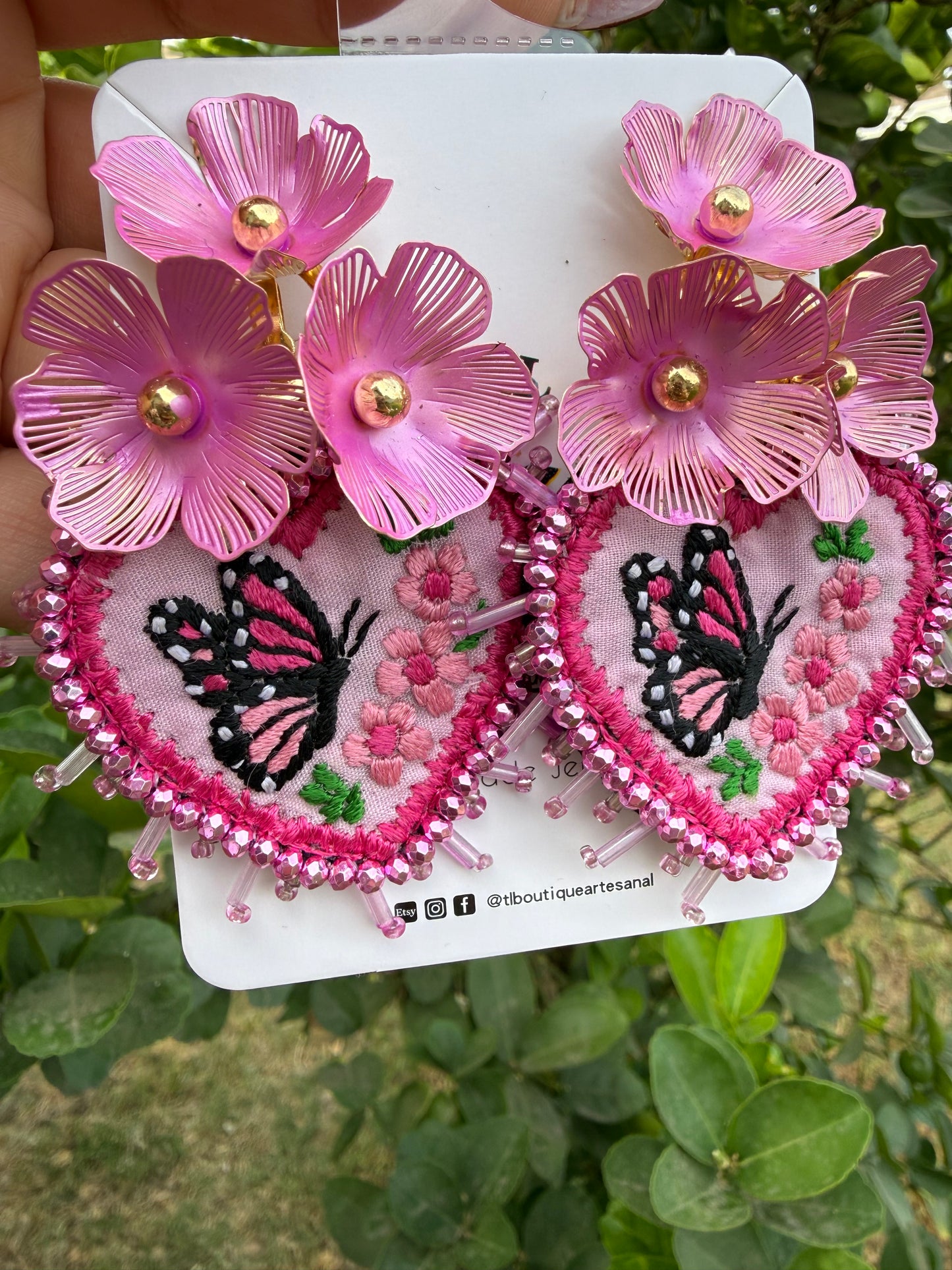 Hand Embroidered Butterfly Heart Earrings – Unique Lightweight Statement Jewelry, Handmade Floral & Crystal Designs