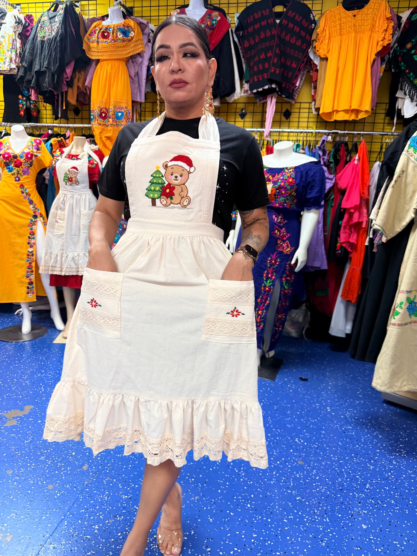 Hand Embroidered Cross Stitch Apron – Adjustable Handmade Cotton Apron – Artisan Pedal Loom Apron – Rustic Kitchen Apron   Navidad