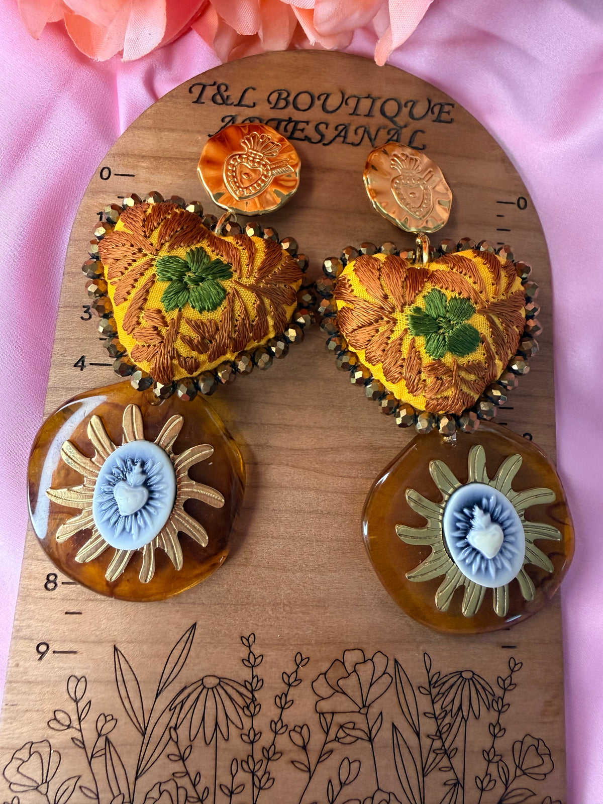 Hand Embroidered Heart Earrings, Mexican Handmade Jewelry, Sacred Heart Earrings, Boho Statement Earrings, Acrylic Pendant