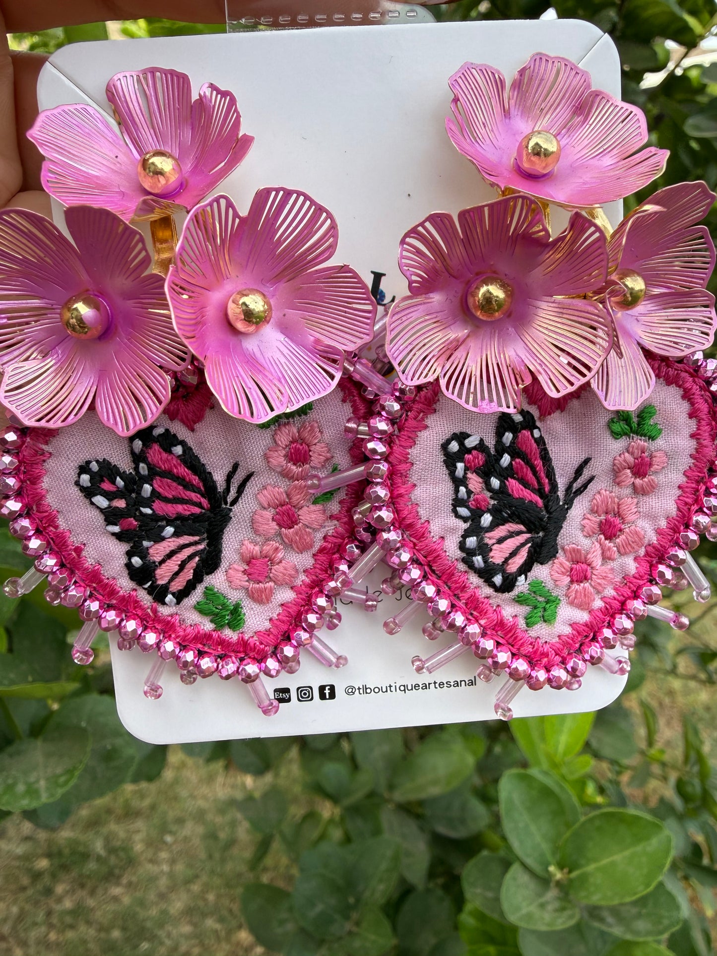 Hand Embroidered Butterfly Heart Earrings – Unique Lightweight Statement Jewelry, Handmade Floral & Crystal Designs