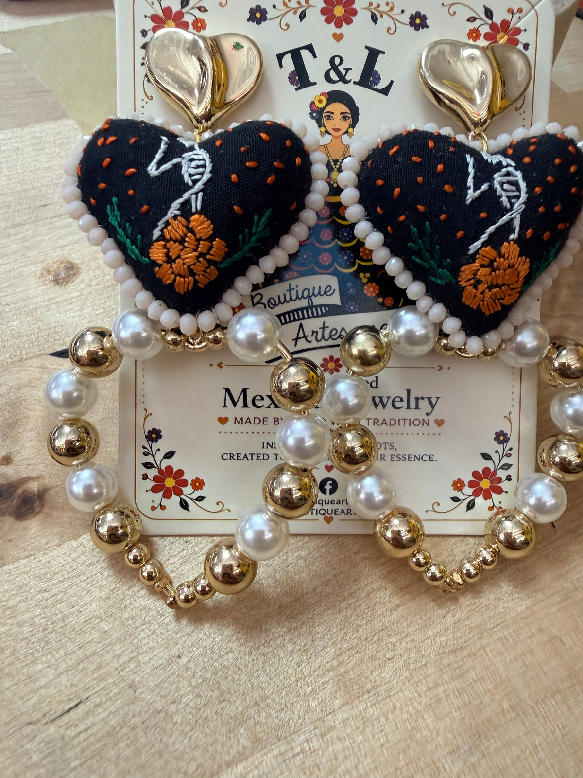 Hand Embroidered Day of the Dead Earrings, Mexican Skull Earrings, Frida Inspired Jewelry, Butterfly Heart Statement Earrings