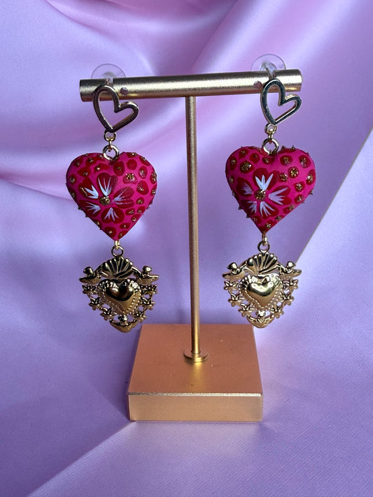 Hand-Carved Copal Wood Heart Earrings | Handmade Mexican Alebrije Jewelry | Lightweight Statement Earrings  /rojos