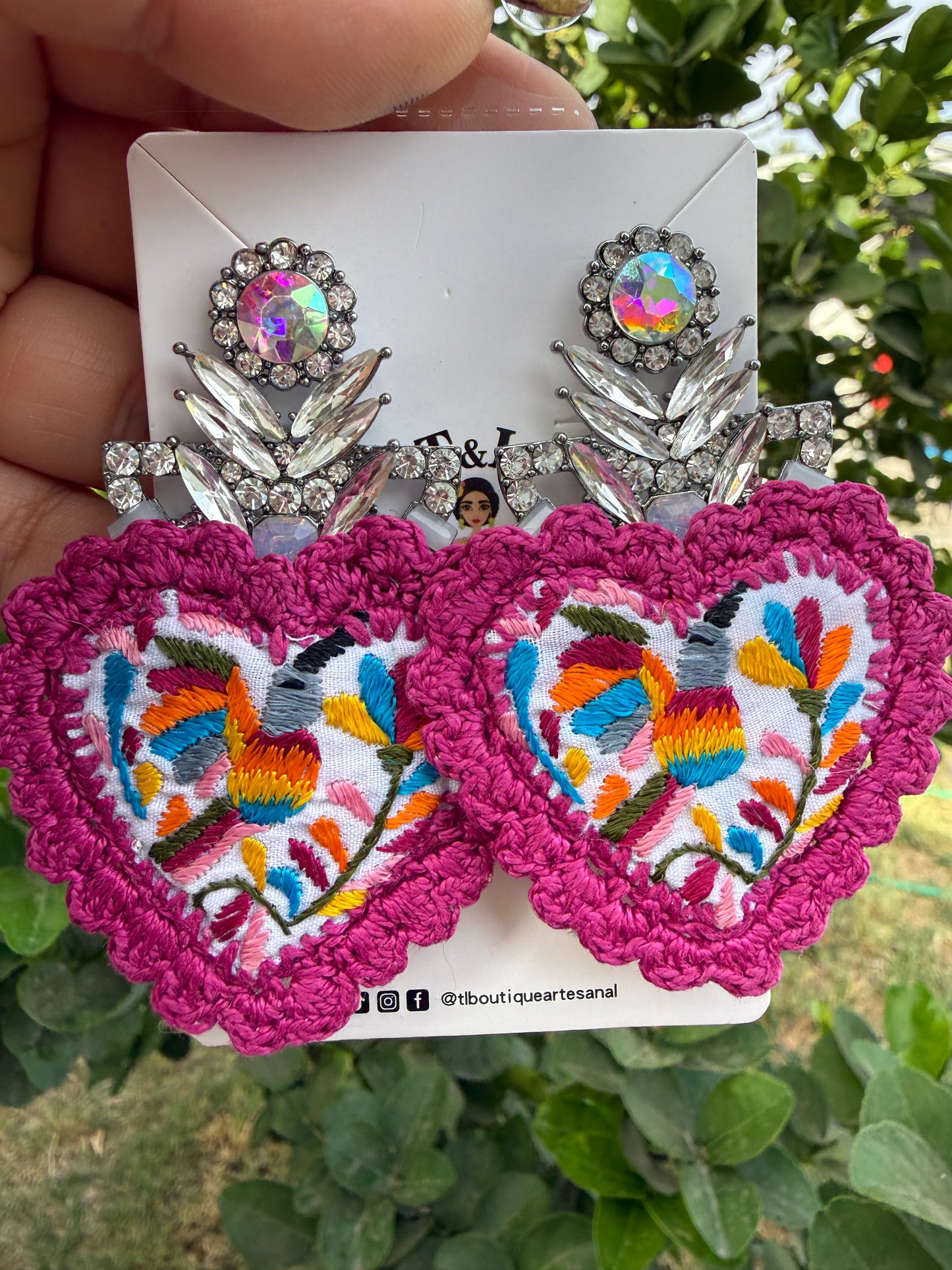 Hand Embroidered Hummingbird Earrings – Colorful Heart Statement Jewelry, Lightweight Artisan Handmade Gift