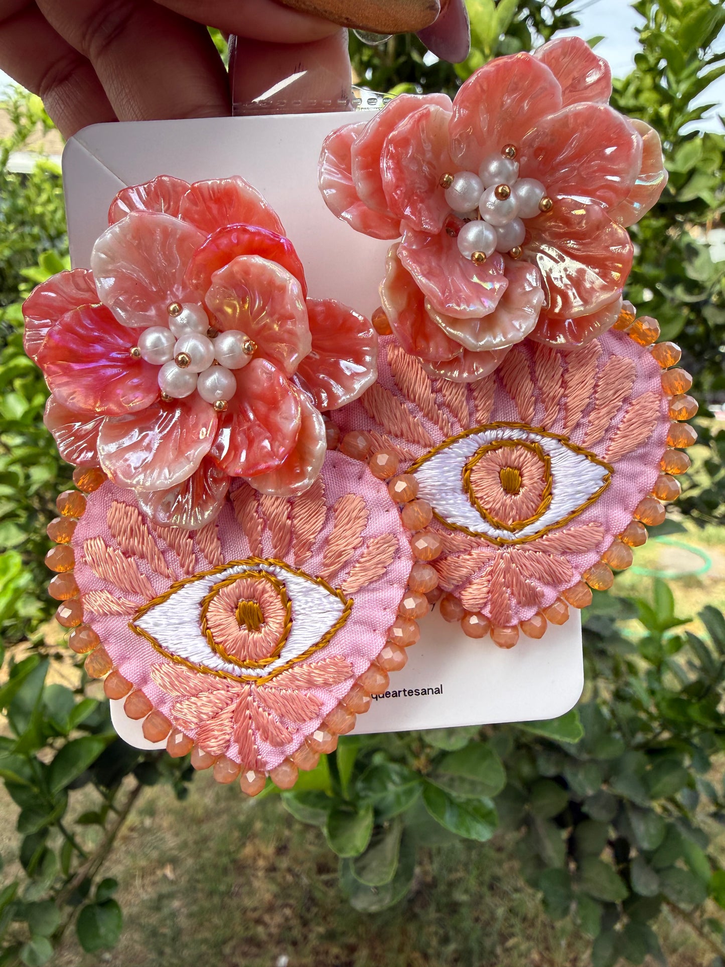 Sacred Heart Earrings with Evil Eye, Mexican Embroidered Jewelry, Statement Crystal Earrings, Handmade Milagro Heart, Unique Gift