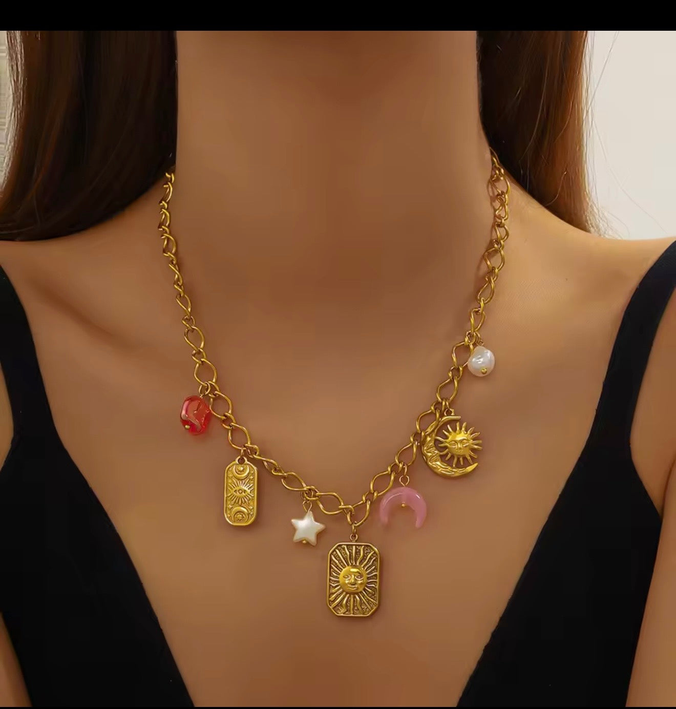 Collares  de acero inoxidable  con dijes de sol,luna,ojo,perlas,