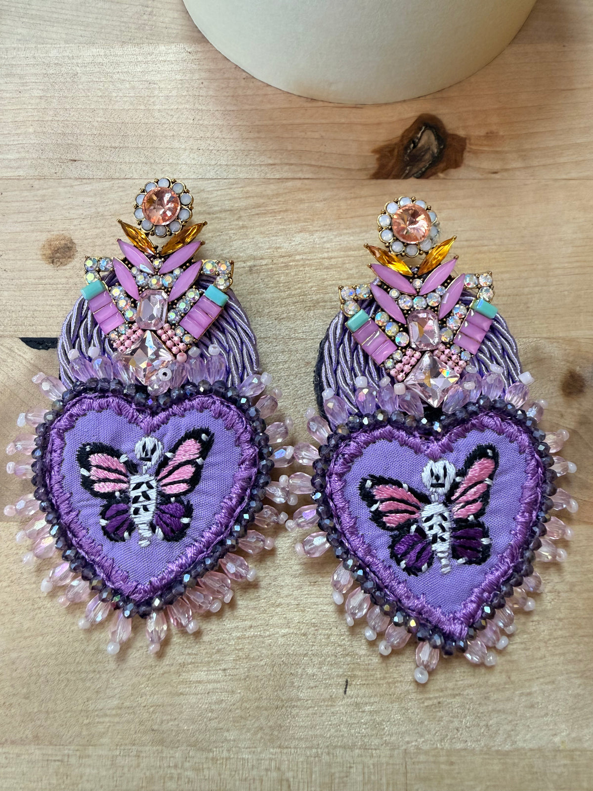 Hand Embroidered Day of the Dead Earrings, Mexican Skull Earrings, Frida Inspired Jewelry, Butterfly Heart Statement Earrings