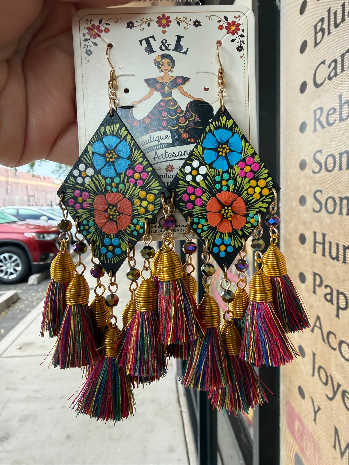 Hand Painted Mexican Earrings, Floral Wood Tassel Earrings, Colorful Statement Earrings, Handmade Lightweight Folk Art Jewelry