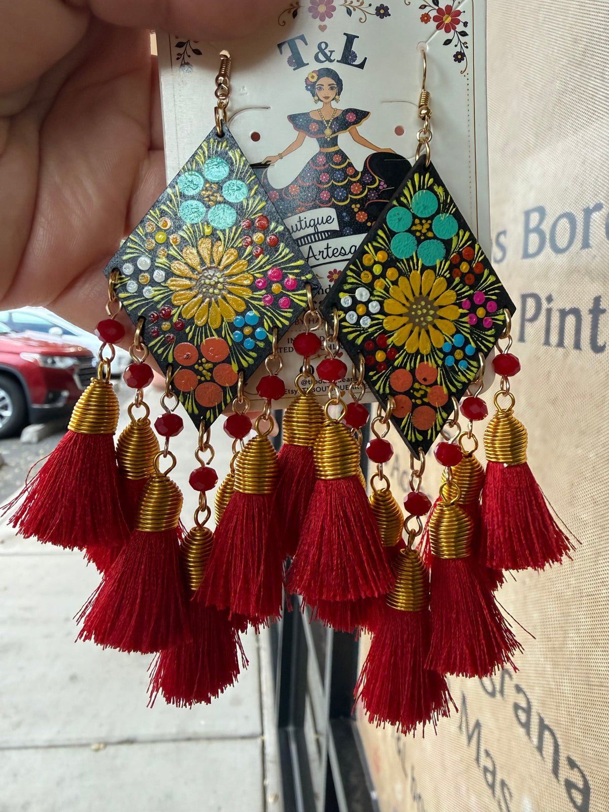 Hand Painted Mexican Earrings, Floral Wood Tassel Earrings, Colorful Statement Earrings, Handmade Lightweight Folk Art Jewelry