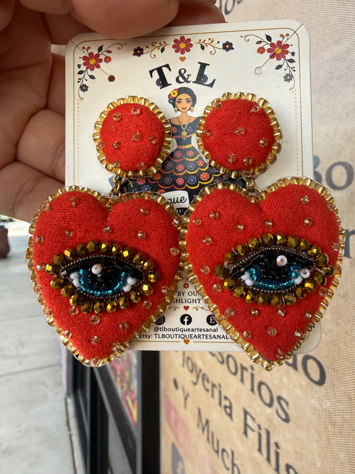 Handmade Sacred Heart Eye Earrings, Velvet Heart Earrings, Evil Eye Beaded Earrings, Mexican Statement Jewelry, Red Heart Earrings