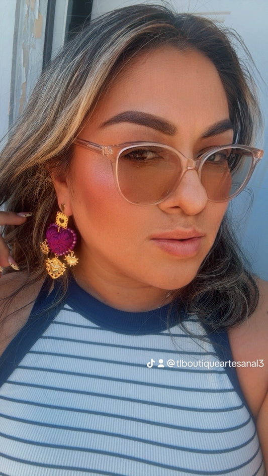 Aretes Bordados a Mano :Naranja – Cristales Dorados, Sagrado Corazón y Papel Picado/ hand made jewelry