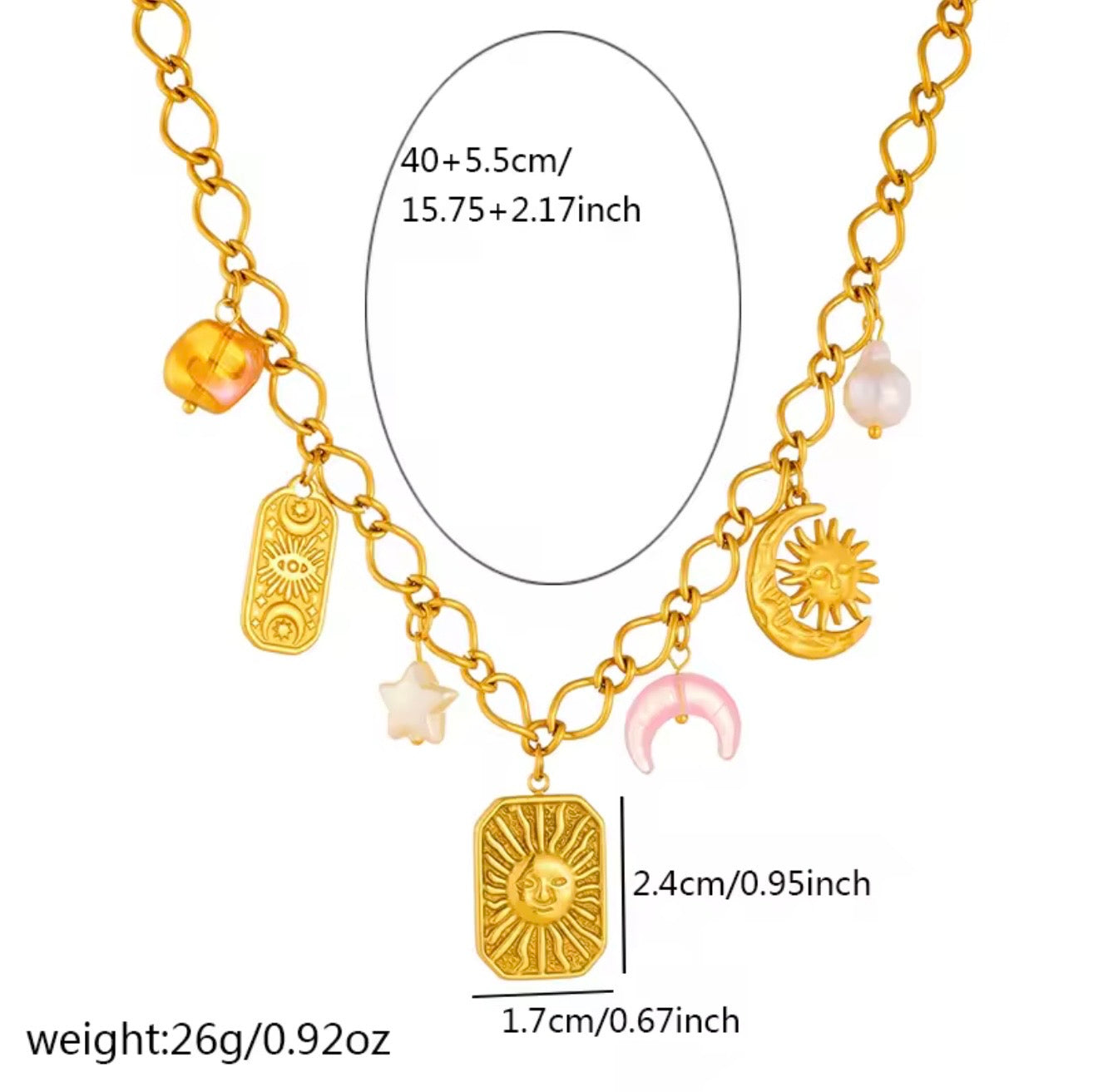 Collares  de acero inoxidable  con dijes de sol,luna,ojo,perlas,