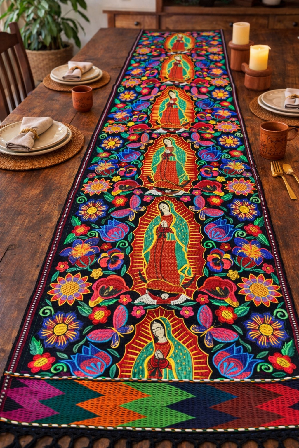 Virgen de Guadalupe Table Runner | Mexican Embroidered Textile | Religious Home Decor | Black Boho Table Runner | Extra Long 2m
