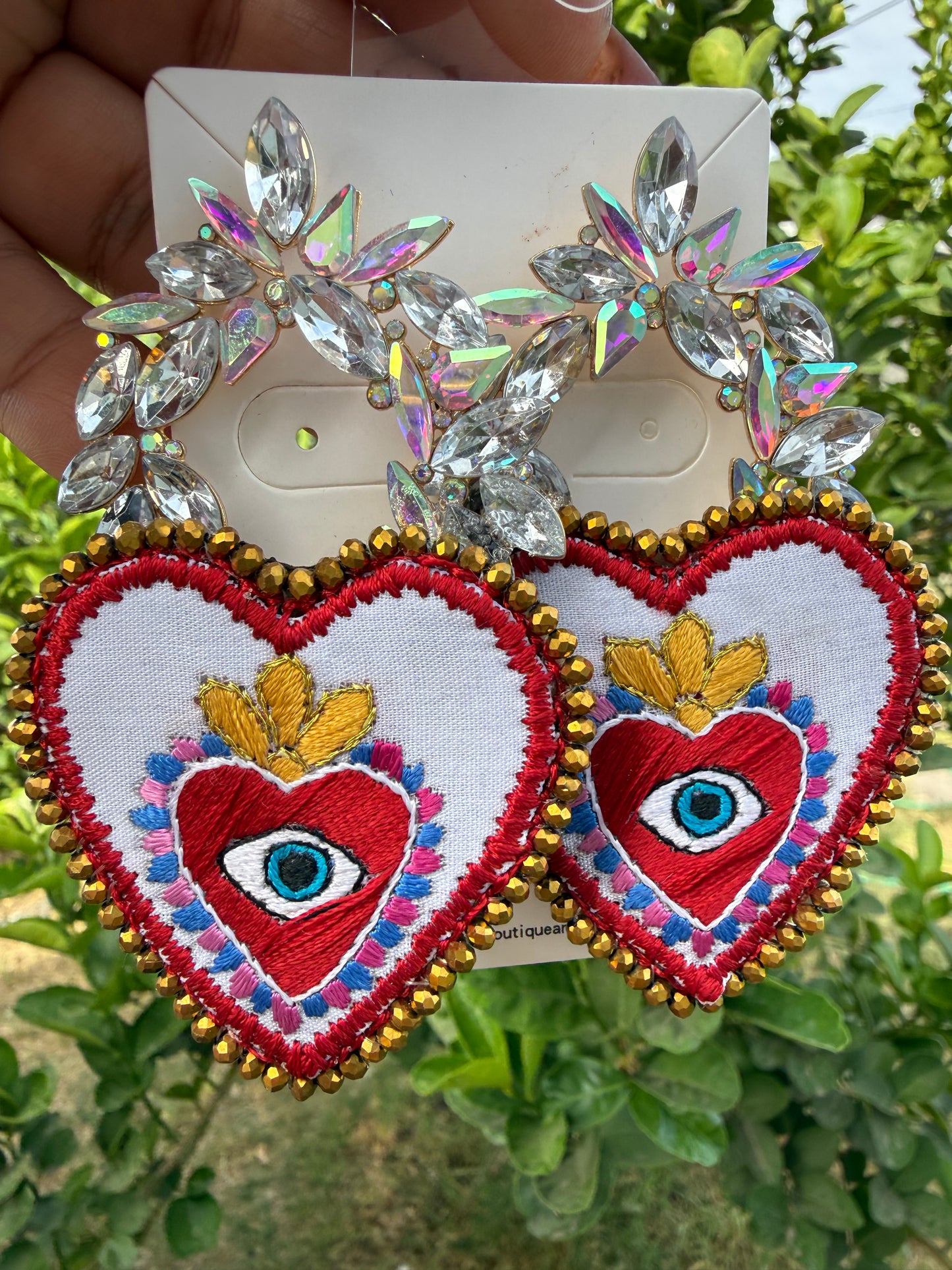 Sacred Heart Earrings with Evil Eye, Mexican Embroidered Jewelry, Statement Crystal Earrings, Handmade Milagro Heart, Unique Gift