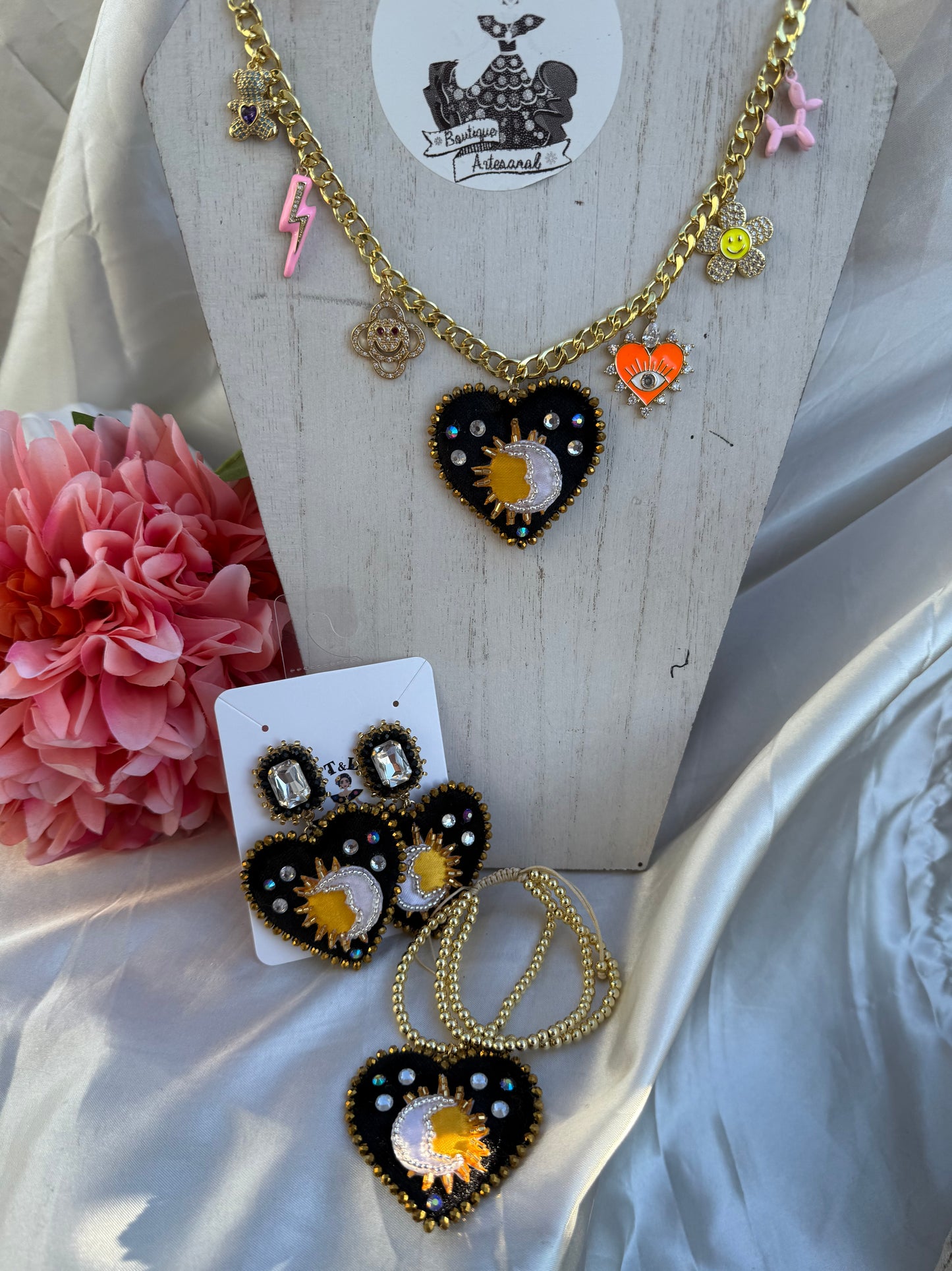 ✨ Sun & Moon Heart Necklace | Handmade Celestial Heart Pendant Necklace | Statement Charm Chain