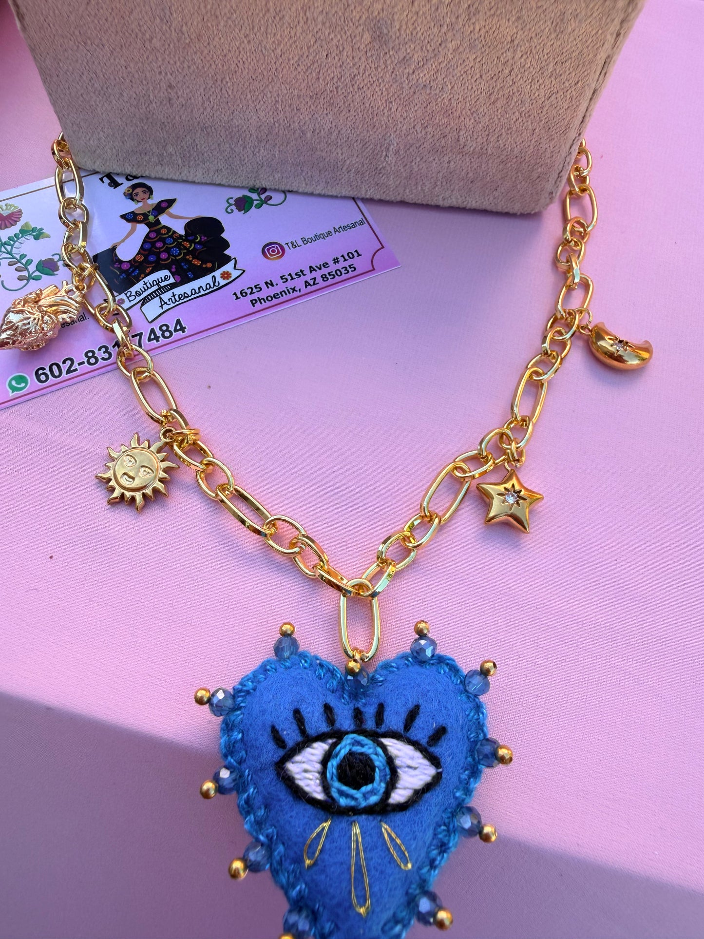 Hand Embroidered Evil Eye Heart Necklace | Gold Plated Charm Necklace | Mexican Artisan Jewelry | Blue Heart Pendant | Boho Gift for Her