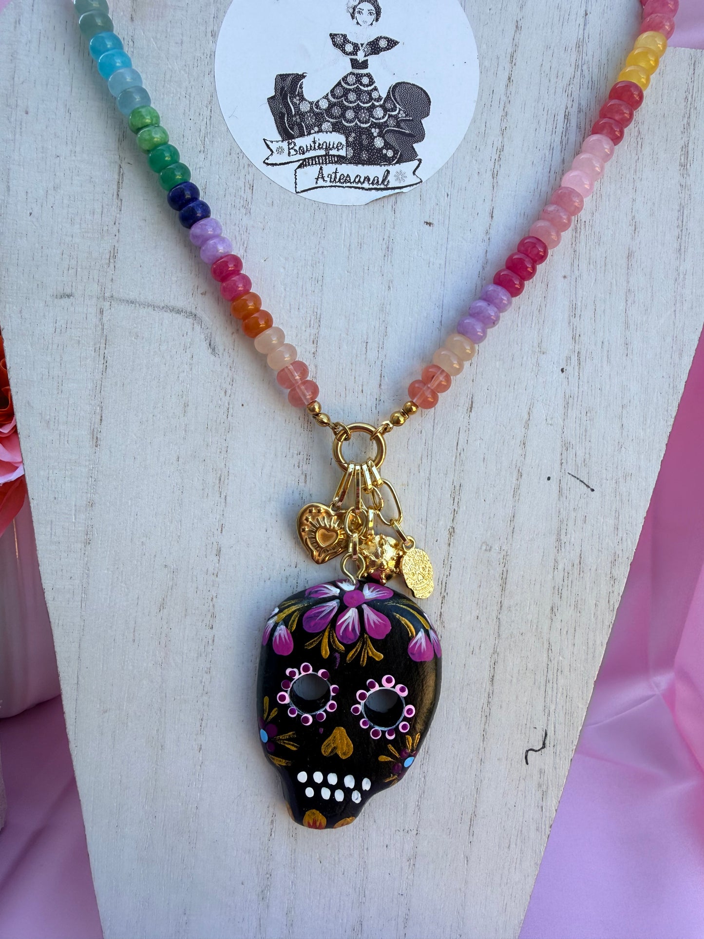 Hand Painted Copal Wood Sugar Skull Necklace | Natural Gemstone Beaded Collar | Mexican Folk Art Jewelry | Día de Muertos Inspired Pendant