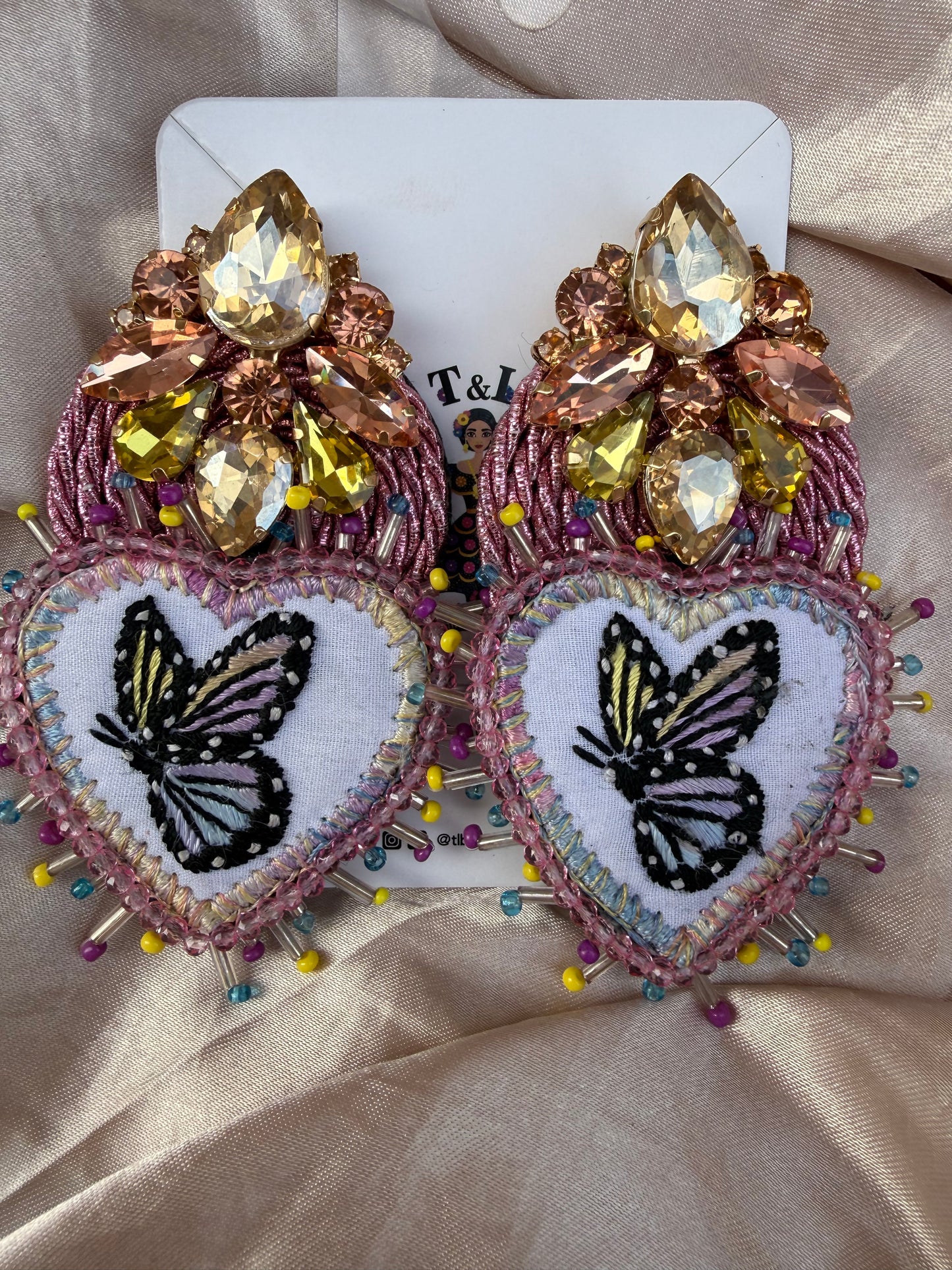 Hand Embroidered Butterfly Heart Earrings – Unique Lightweight Statement Jewelry, Handmade Floral & Crystal Designs
