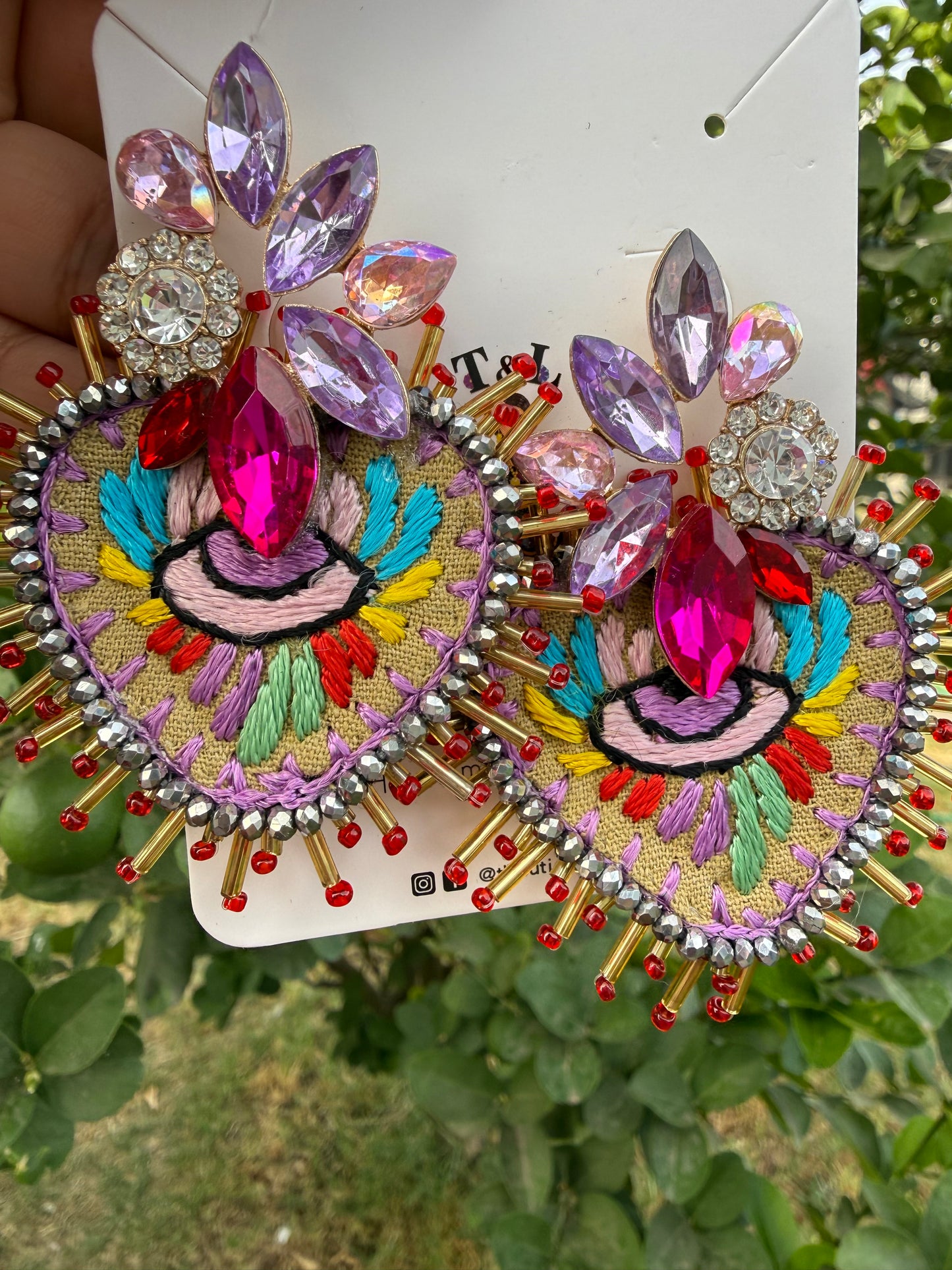 Sacred Heart Earrings with Evil Eye, Mexican Embroidered Jewelry, Statement Crystal Earrings, Handmade Milagro Heart, Unique Gift