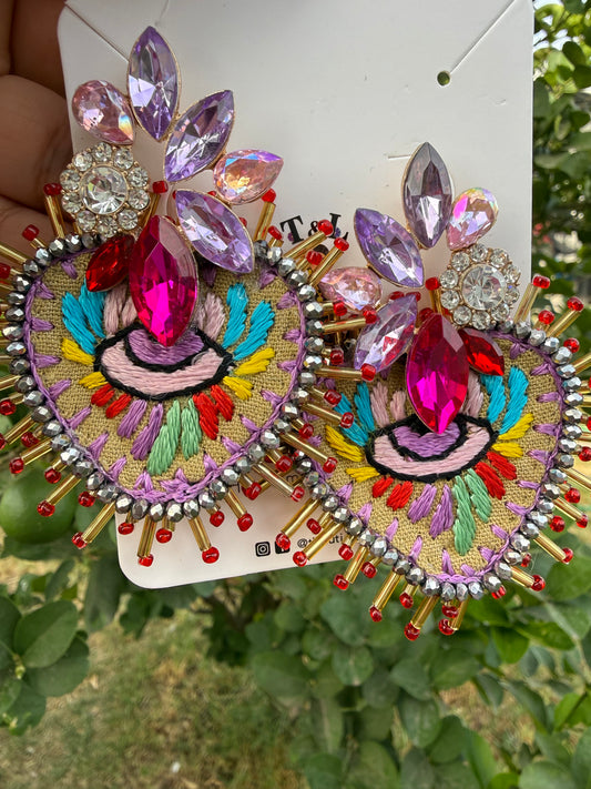 Sacred Heart Earrings with Evil Eye, Mexican Embroidered Jewelry, Statement Crystal Earrings, Handmade Milagro Heart, Unique Gift